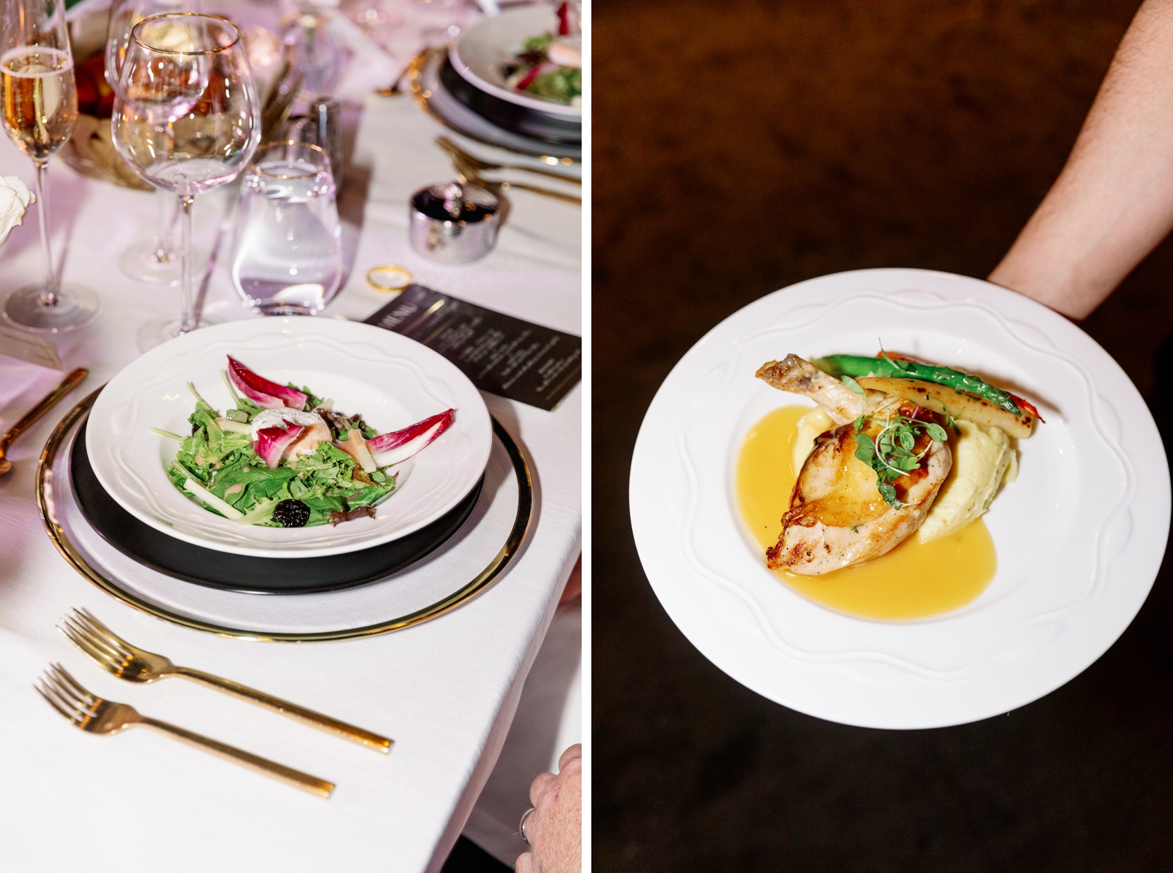 Details of a salad and chicken serving for a wedding reception