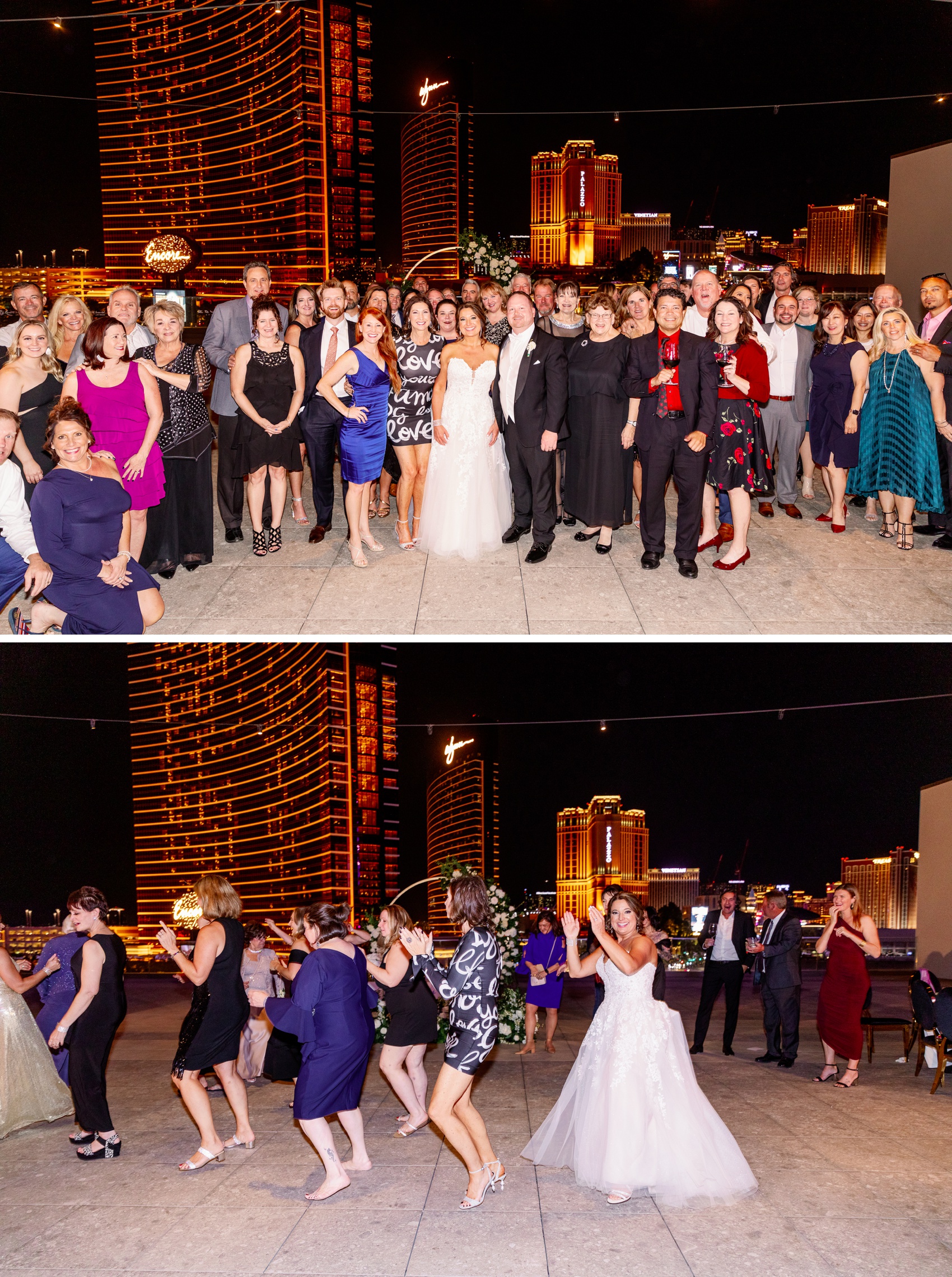Newlyweds stand with their guests smiling during their resorts world wedding rooftop reception
