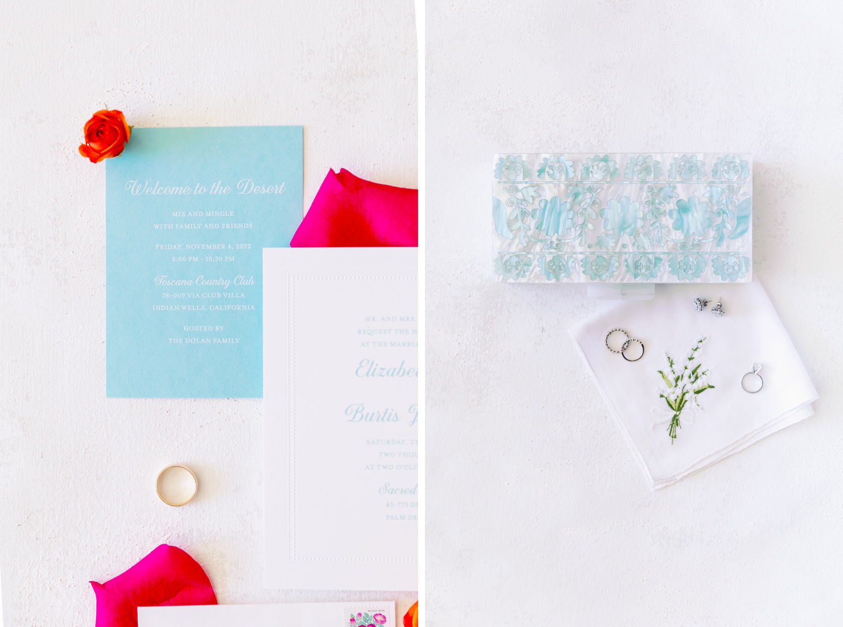 Details of wedding invitations and rings on a white table with pink flower petals