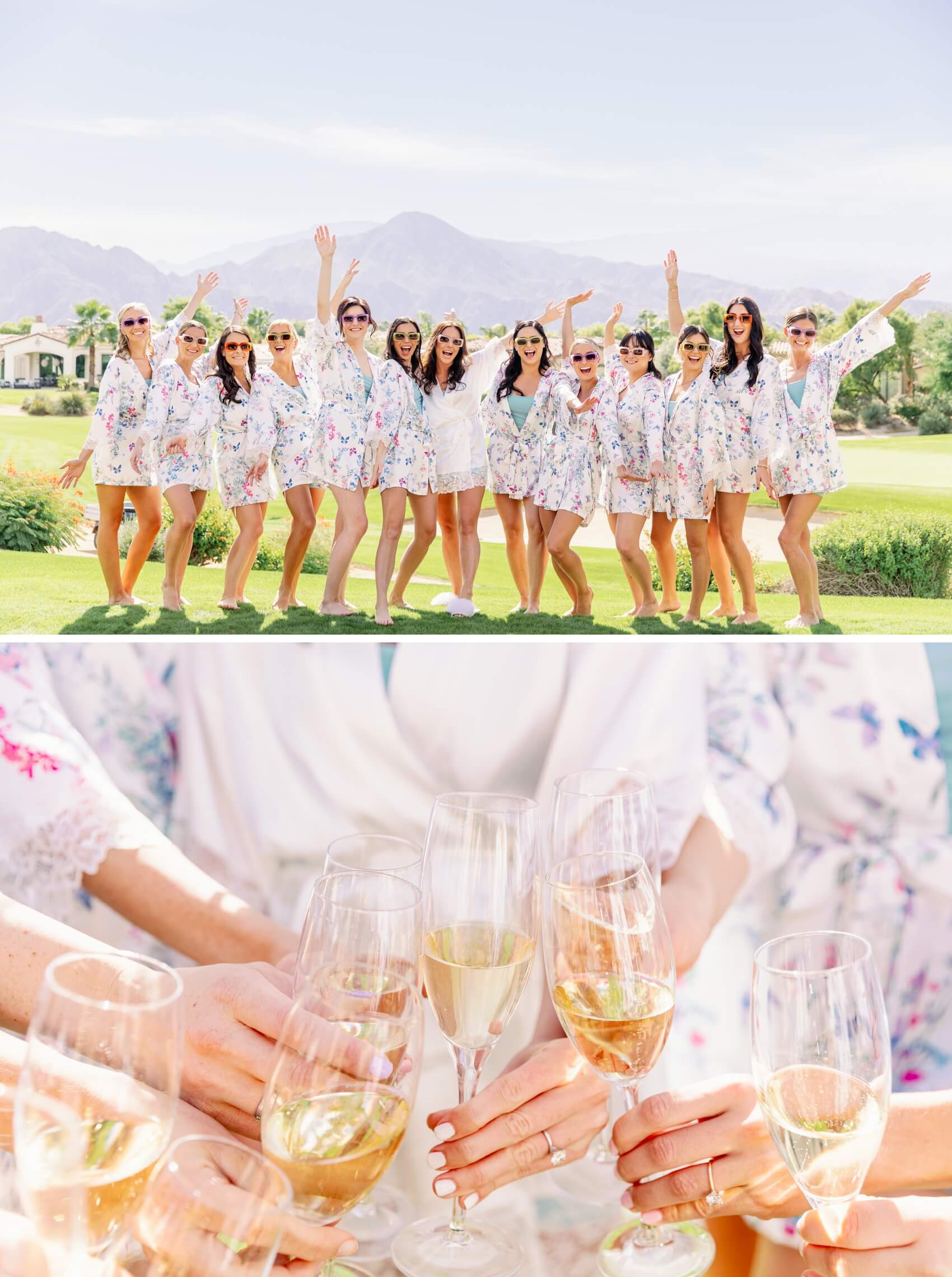 A bride celebrates in the lawn in pajamas with her bridesmaids all wearing sunglasses above them toasting champagne