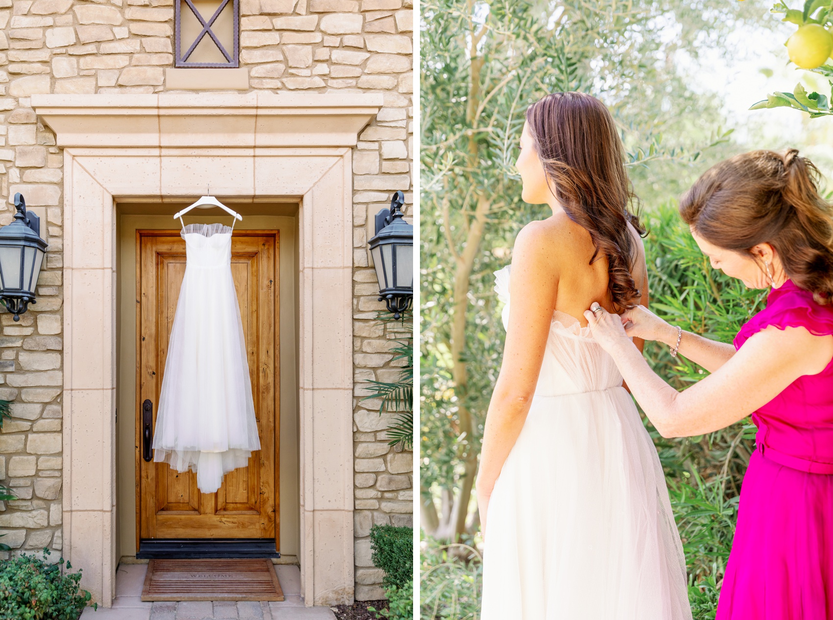 A bride's gown hands in a doorway next to mom buttoning her into the gown in a garden