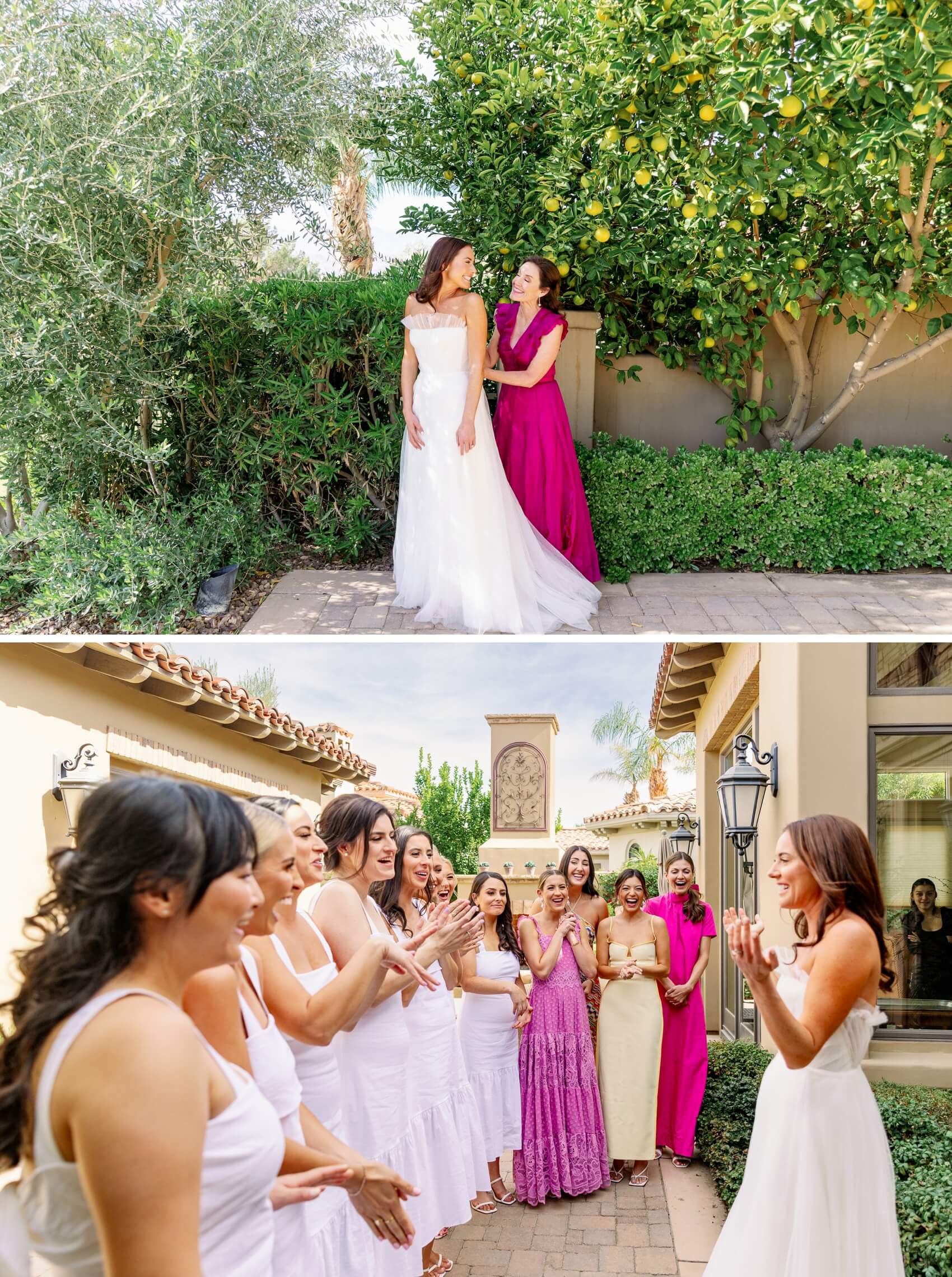 a bride gets ready in a garden with a bridesmaid in pink next to her bridesmaids celebrating seeing her before her toscana country club wedding