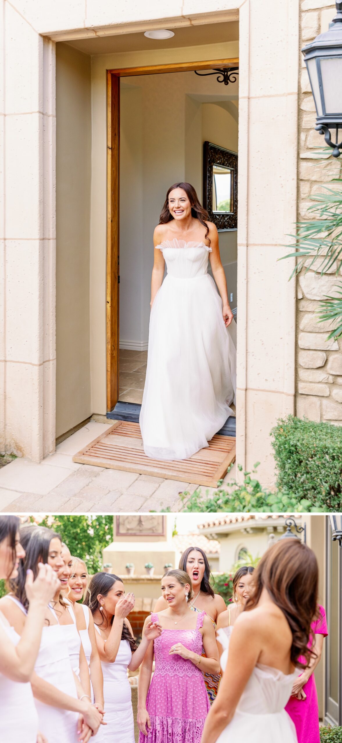 A bride walks out of her getting ready suite to show off her gown to her bridesmaids before her toscana country club wedding