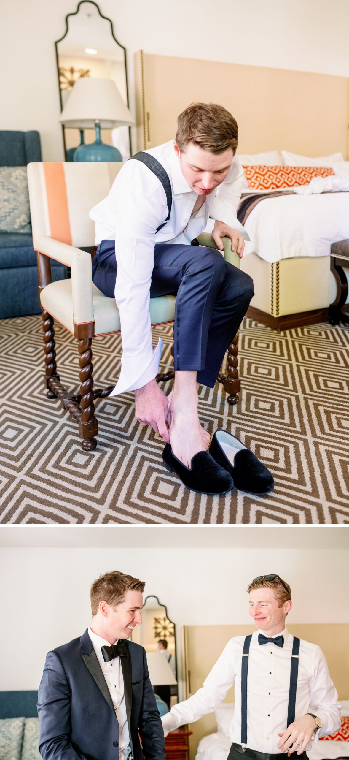 A groom gets ready putting on his shoes in a hotel suite with a groomsman helping in below image