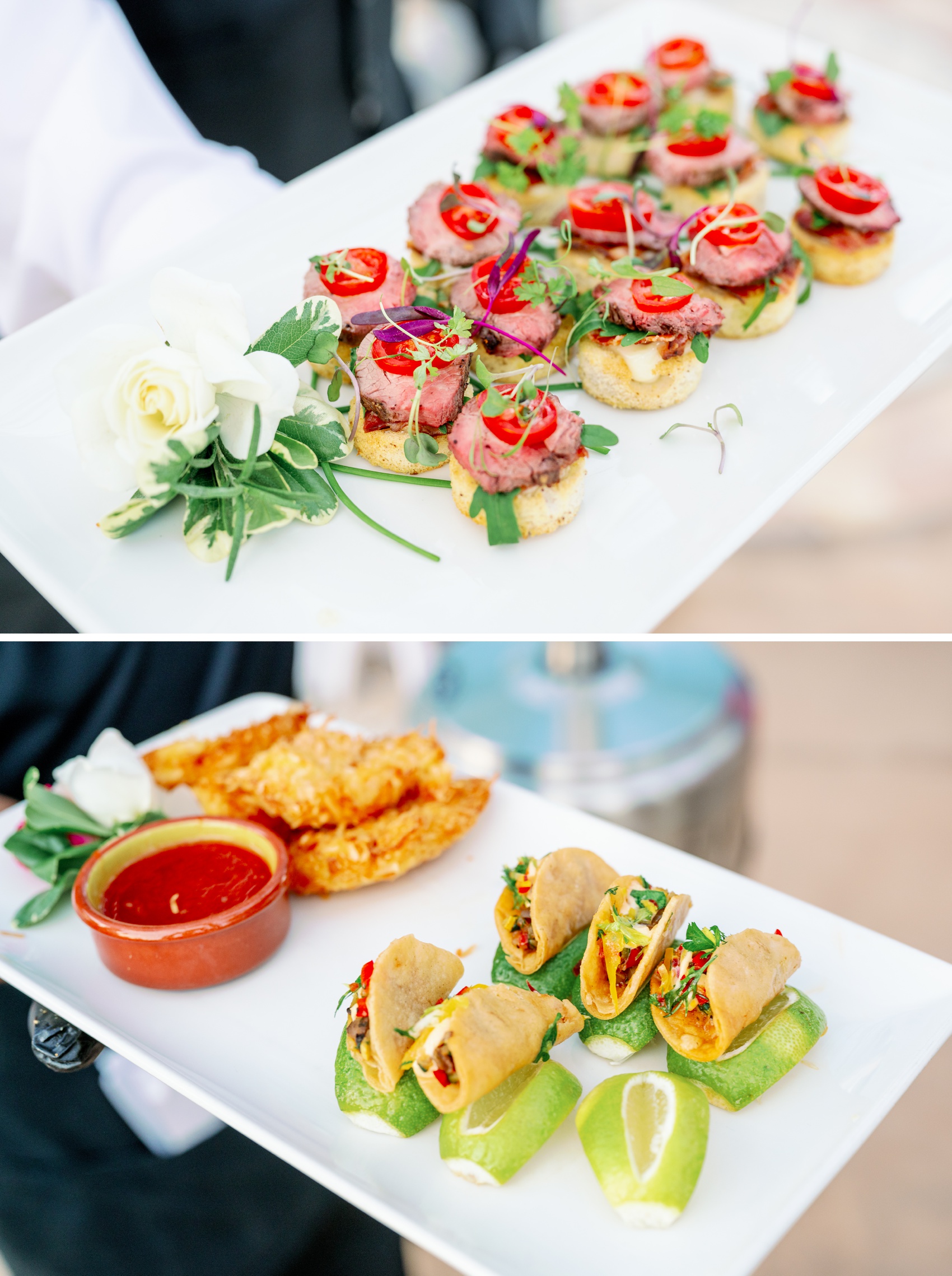 Details of plated appetizers held by waiters