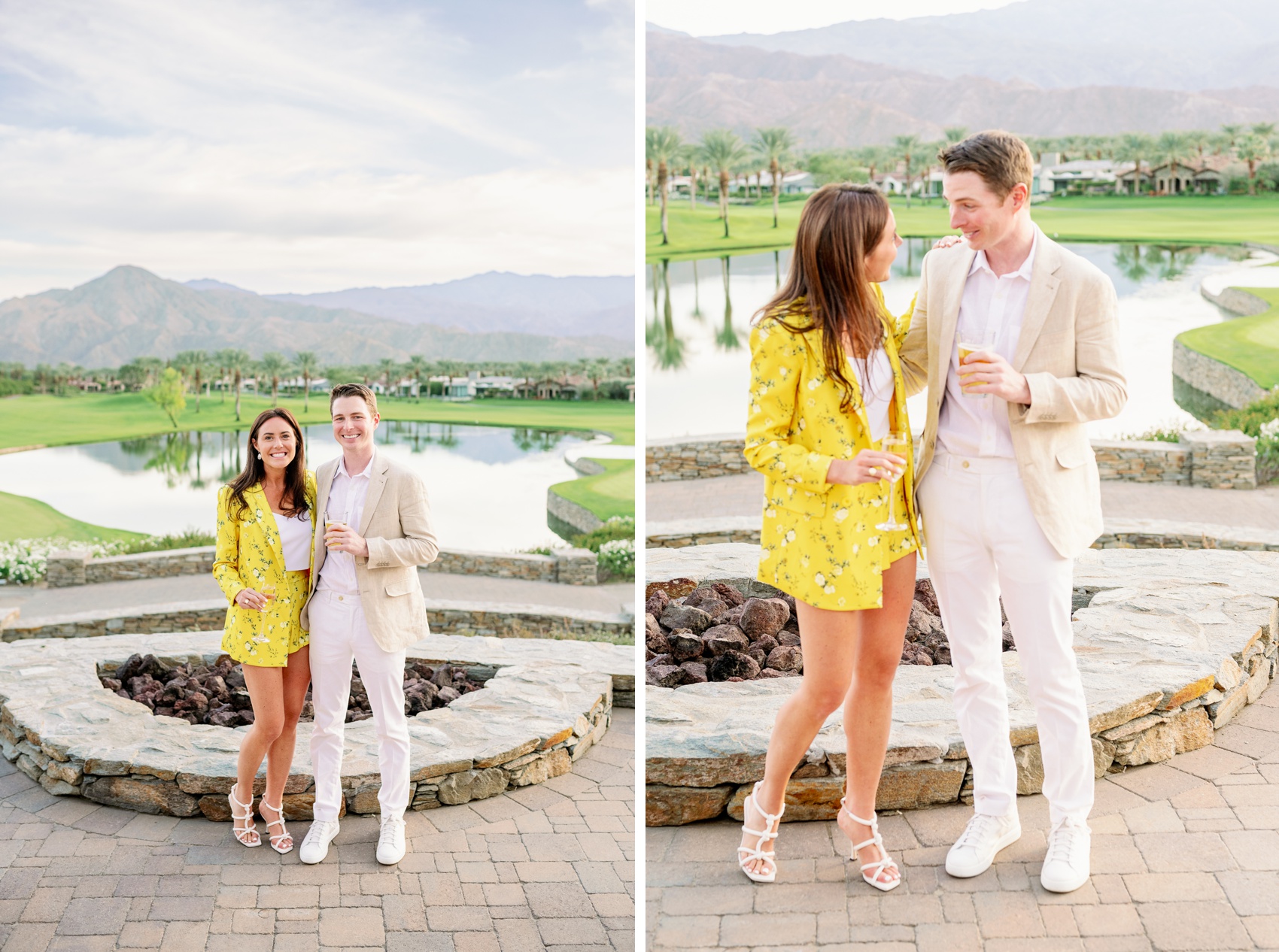 A happy couple laugh and smile on a patio overlooking the toscana country club wedding venue golf course at sunset in a yellow outfit and a tan and white suit