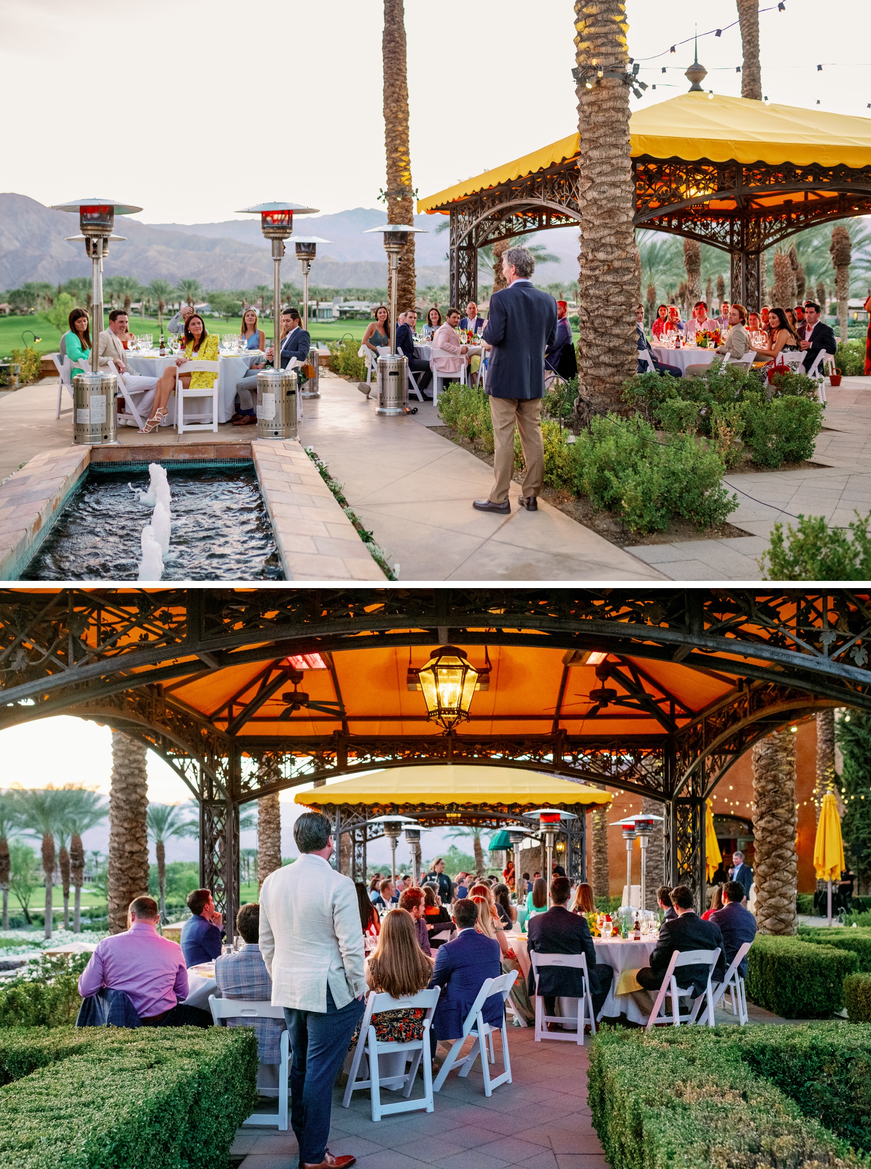 a man gives a toast at a toscana country club wedding dinner rehearsal as guests listen on from around the patio dinner tables