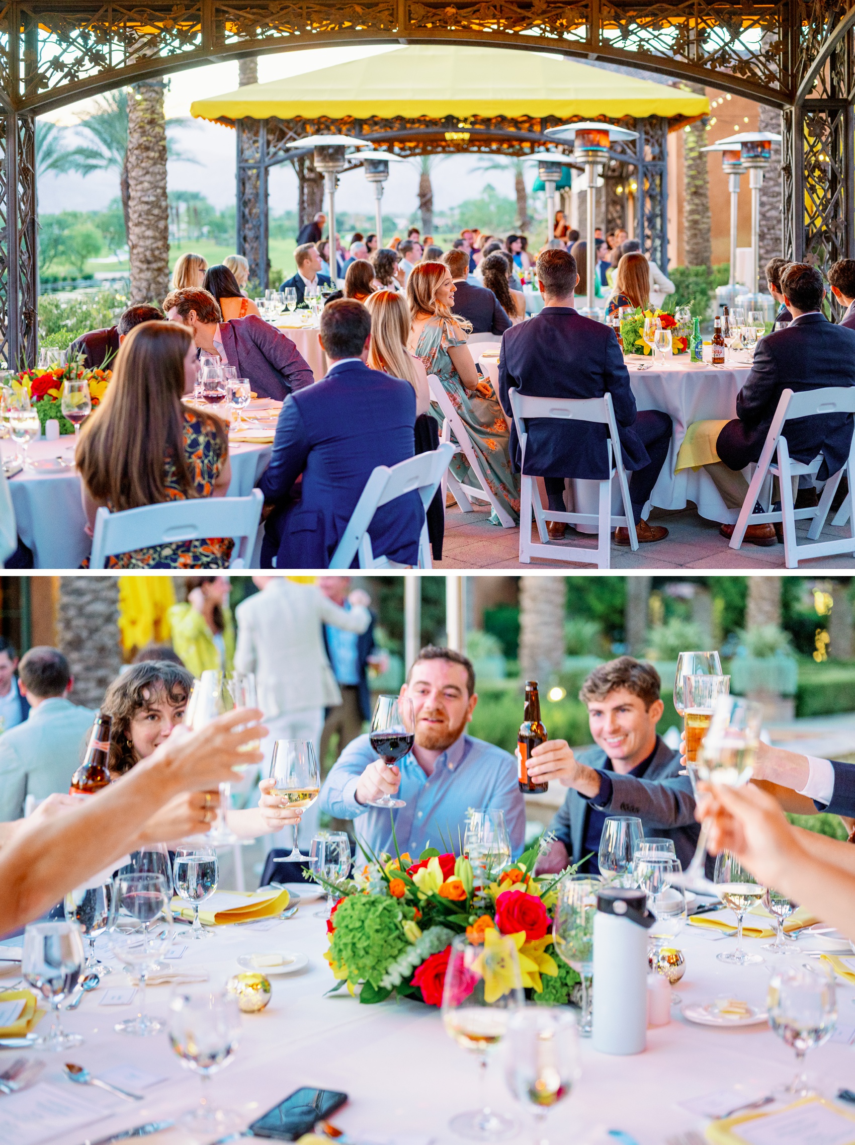 a look at a lively toscana country club wedding reception under the ornate canopies with guests toasting drinks