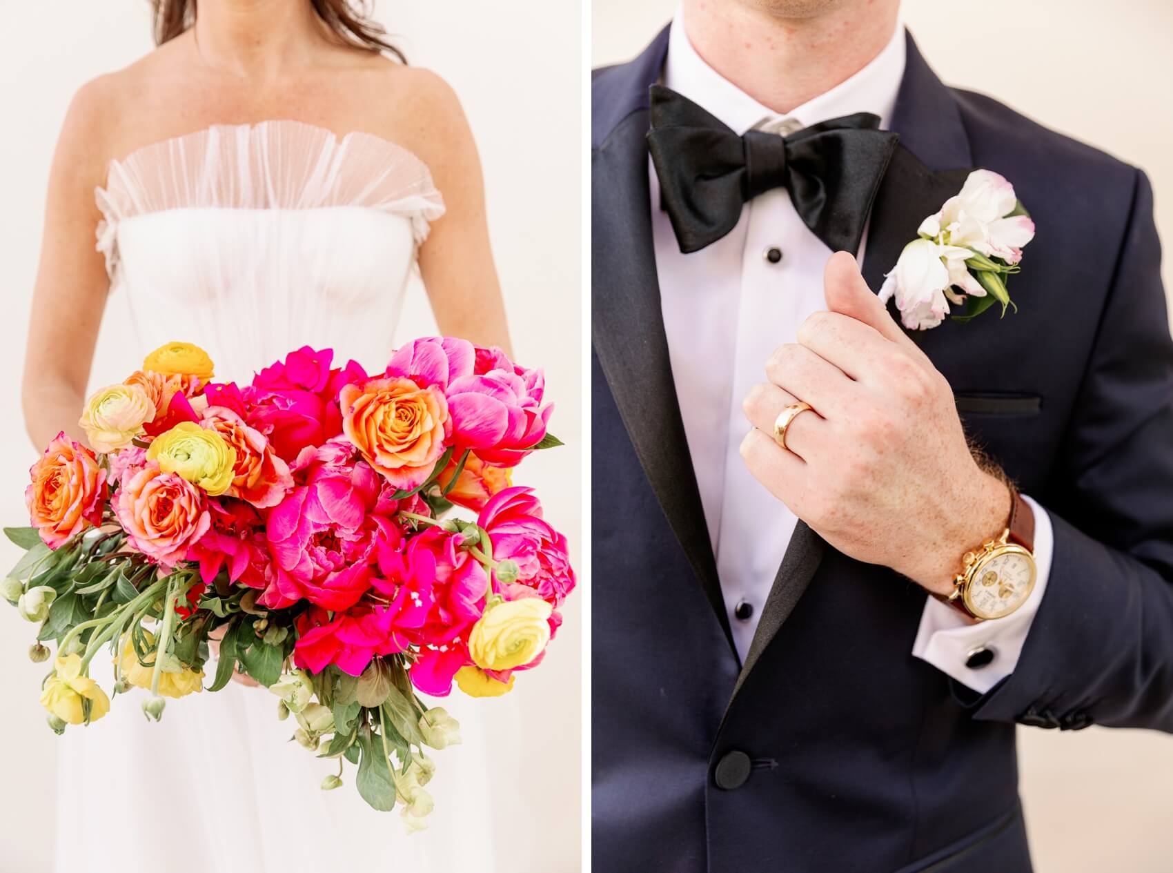 details of a bride's pink bouquet next to groom details of watch and ring holding lapel