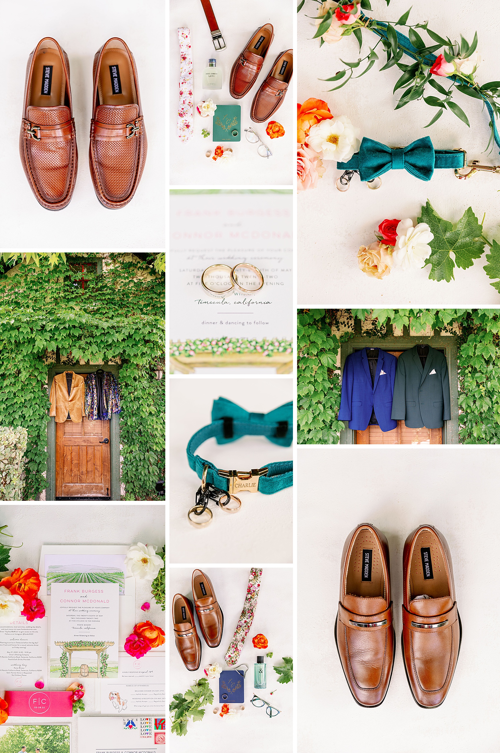 Groom details of jackets hanging, shoes, bowtie dog collar and rings