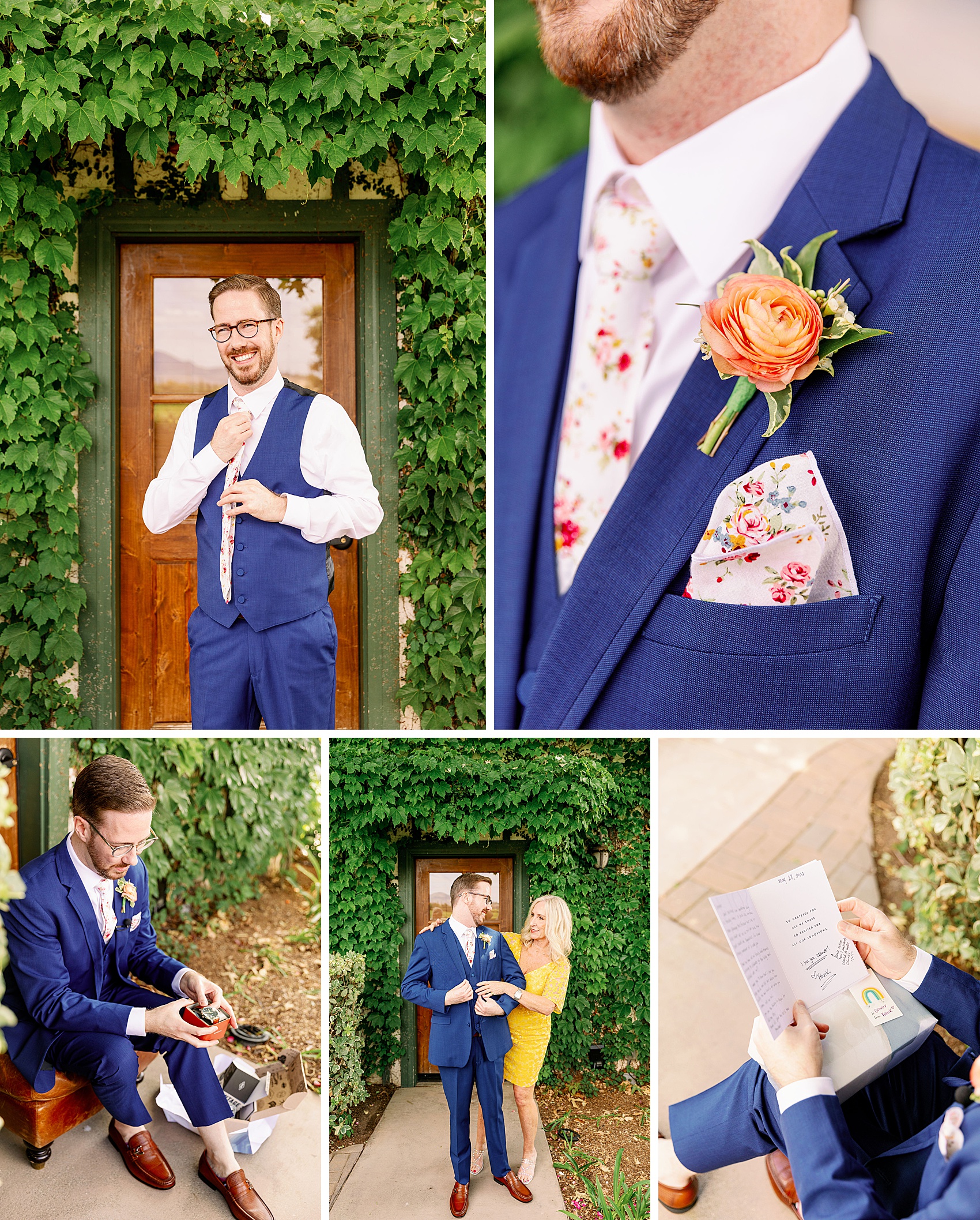 A groom in blue laughs and gets ready while hugging mom for his ponte winery wedding