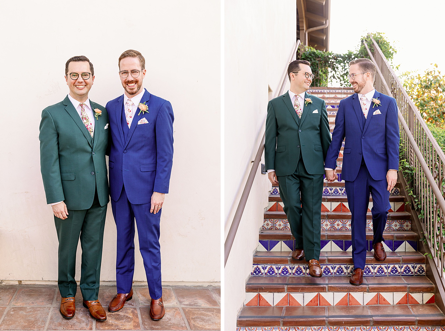 Grooms smile big while walking down spanish tile stairs next to hem standing and smiling