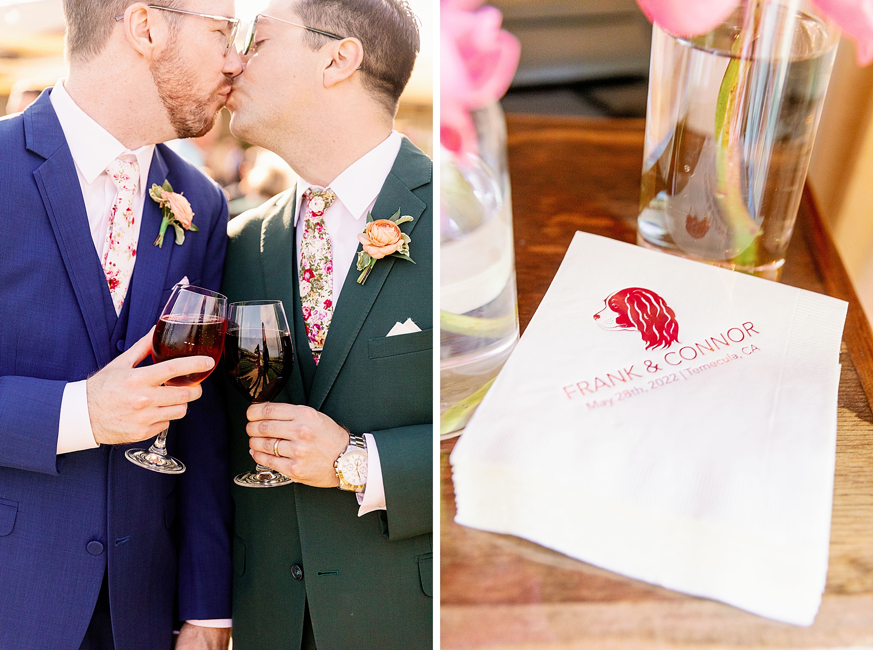 Grooms kiss over wine glasses next to their custom napkins