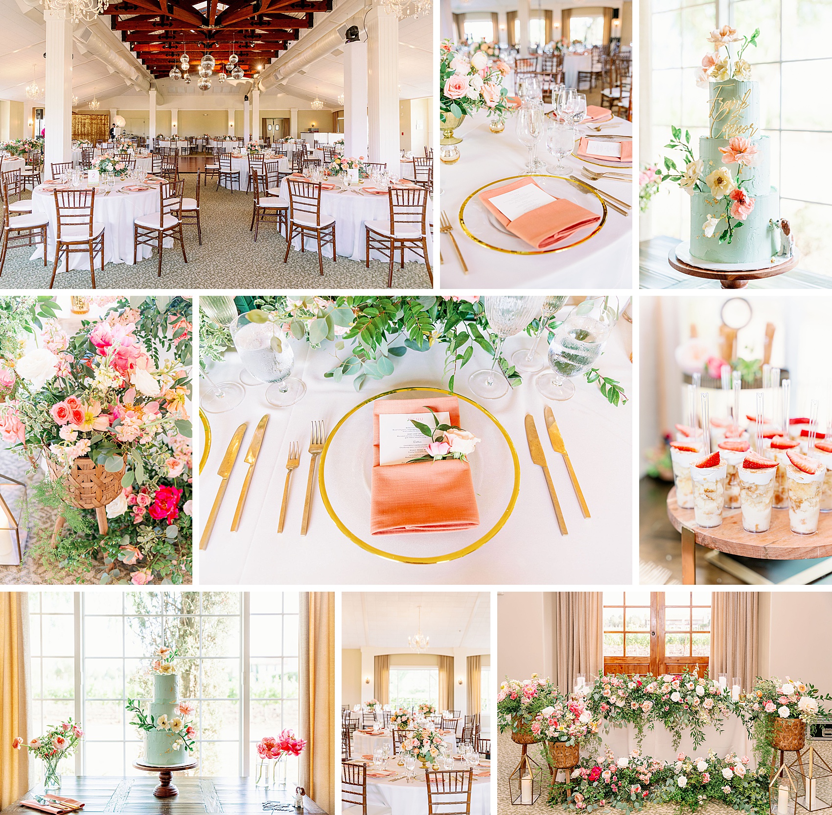Details of a wedding ceremony set up with pink napkins and flowers along with gold silverware under mirror balls at the ponte winery wedding venue
