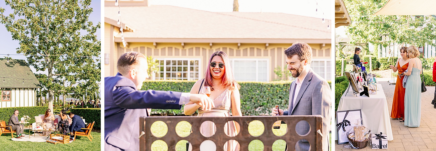 Wedding guests laugh and hang out around the garden venue