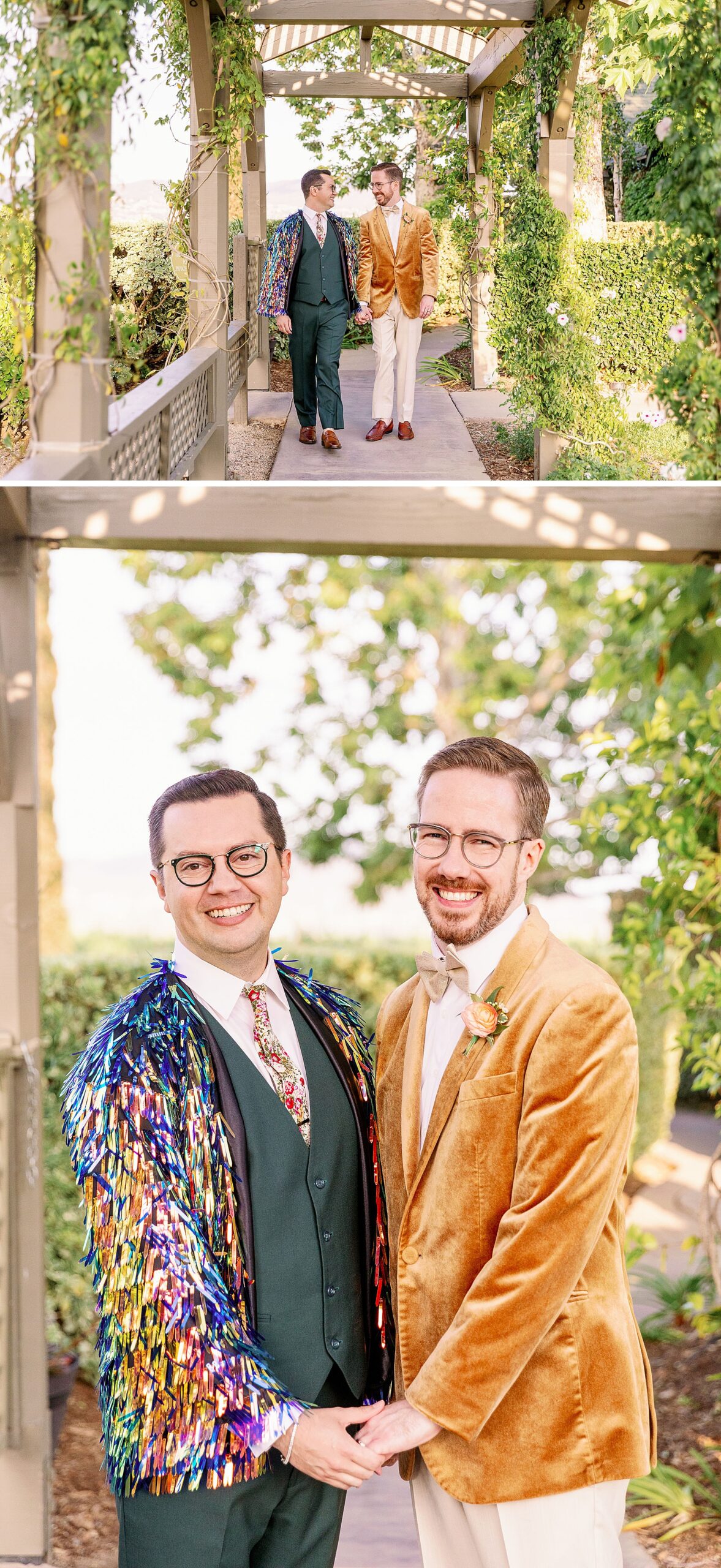 Newlywed grooms walk under vine covered pergolas laughing and holding hands above them standing smiling