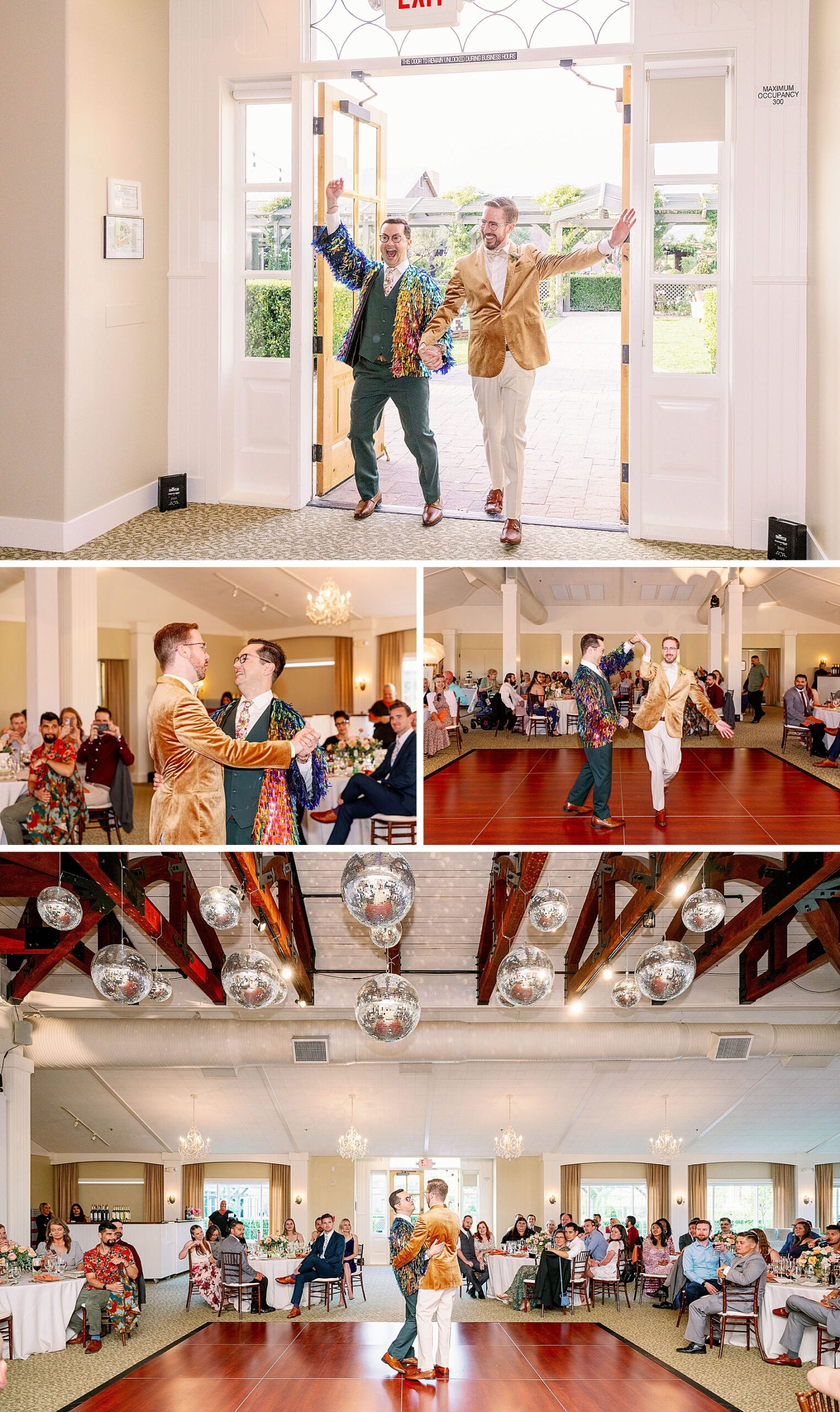 Grooms enter and dance their way through their ponte winery wedding reception under mirror balls
