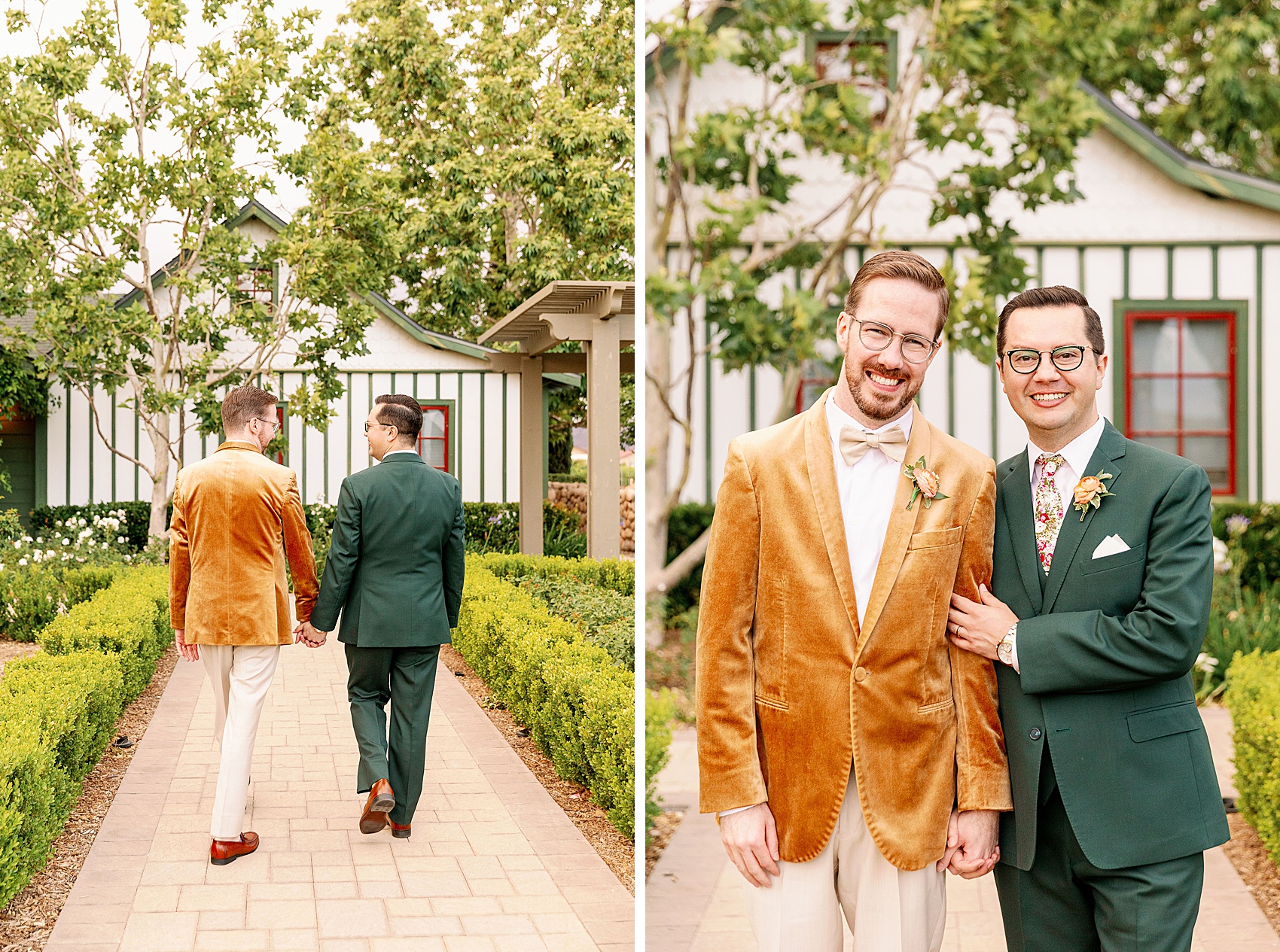 Smiling LGBTQ+ newlyweds walk a garden sidewalk holding hands next to them smiling holding hands