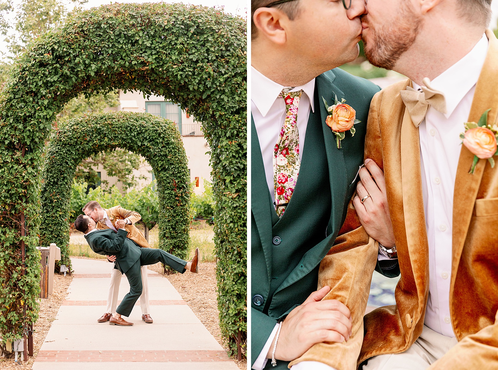 A groom dips his husband under garden arches on a path next to details of them kissing and holding arms during their ponte winery wedding