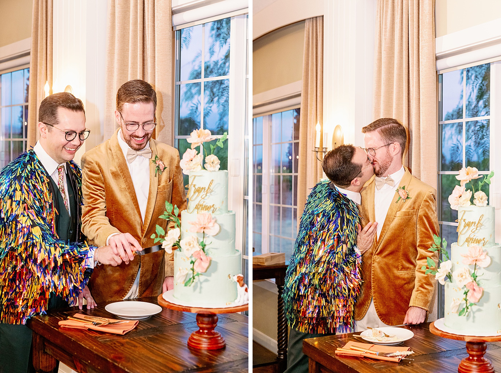 Newlyweds kiss while cutting the cake during their wedding
