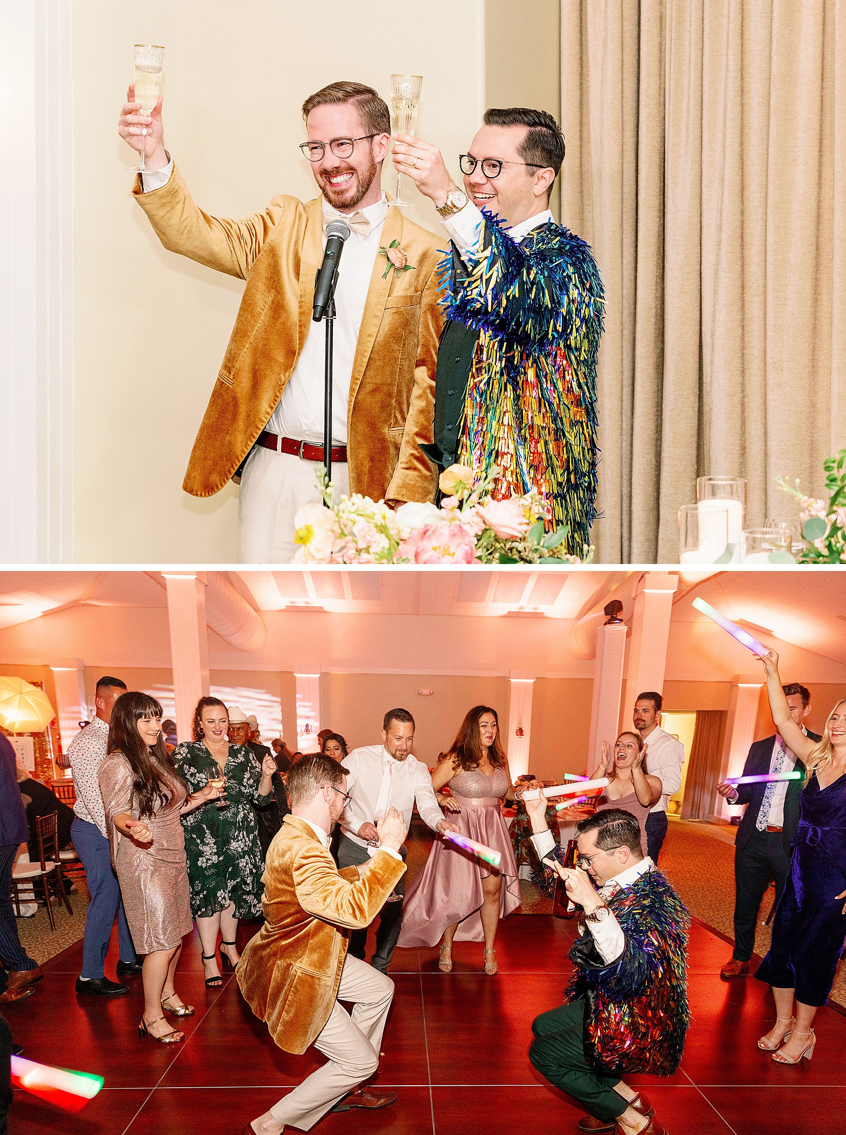 Grooms toast in gold and frilly suit jackets above them getting low on the dance floor with wedding guests at their ponte winery wedding