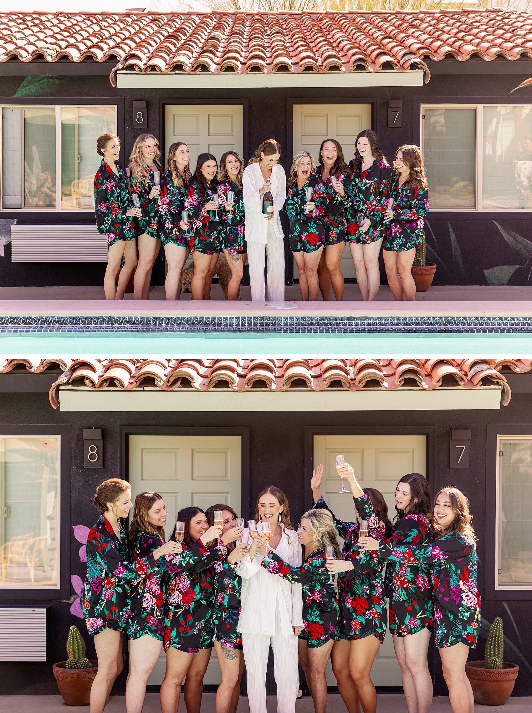 A happy bride toasts and pours champagne with her bridesmaids in matching vibrant pajamas at Fleur Noire Hotel