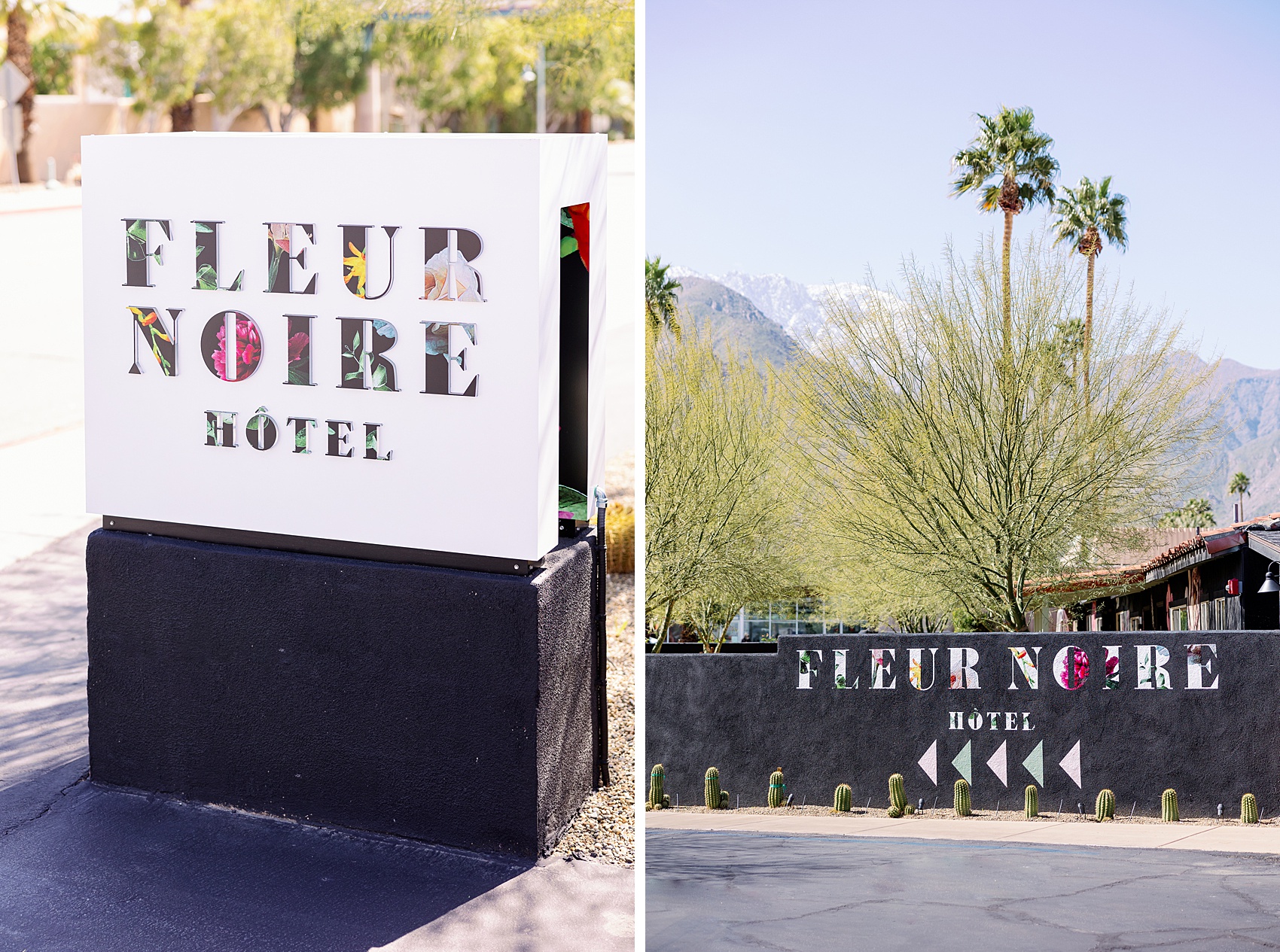 Details of the front entrance and sign at Fleur Noire Hotel