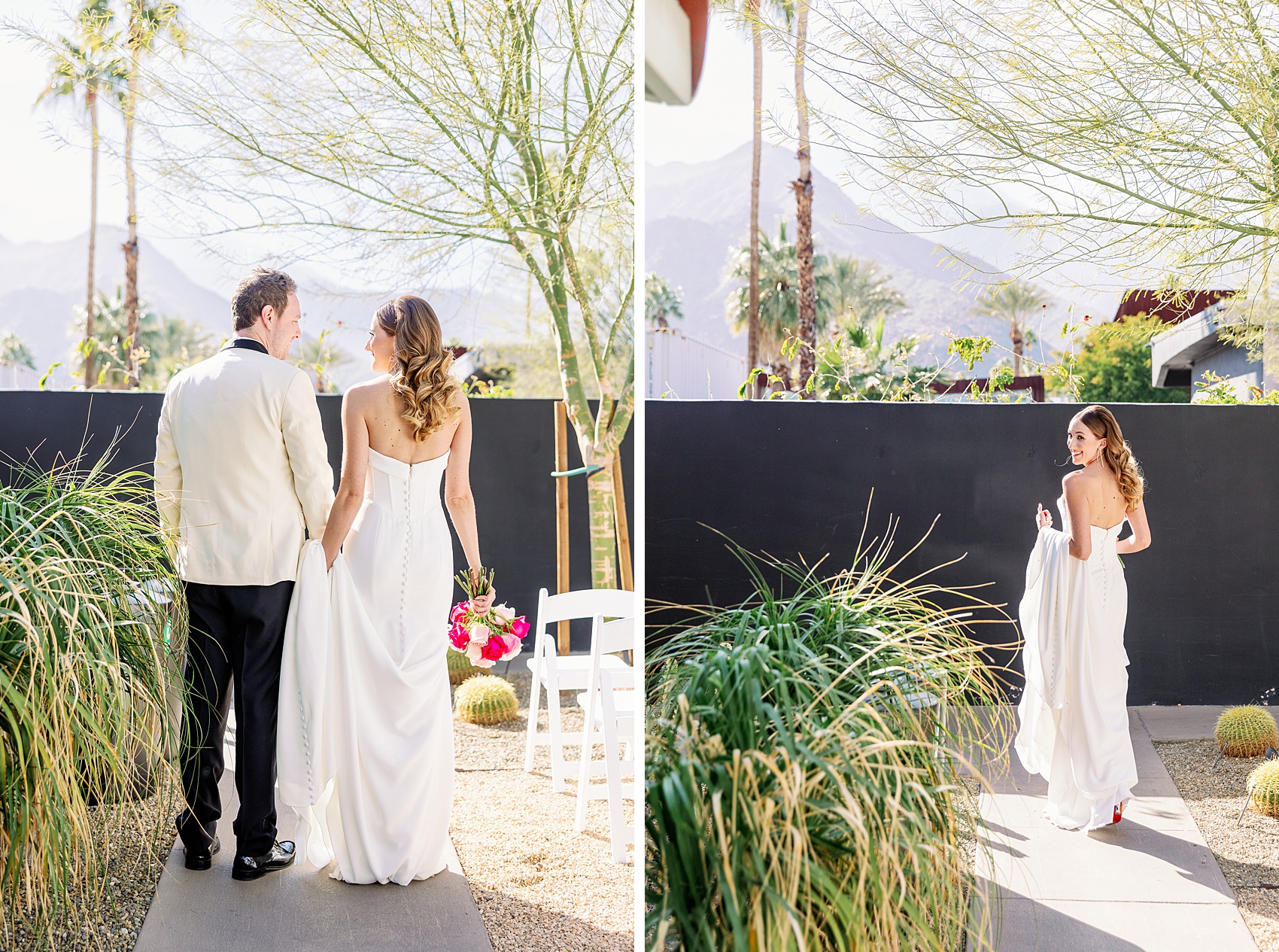 Newlyweds walk in the gardens holding hands at Fleur Noire Hotel