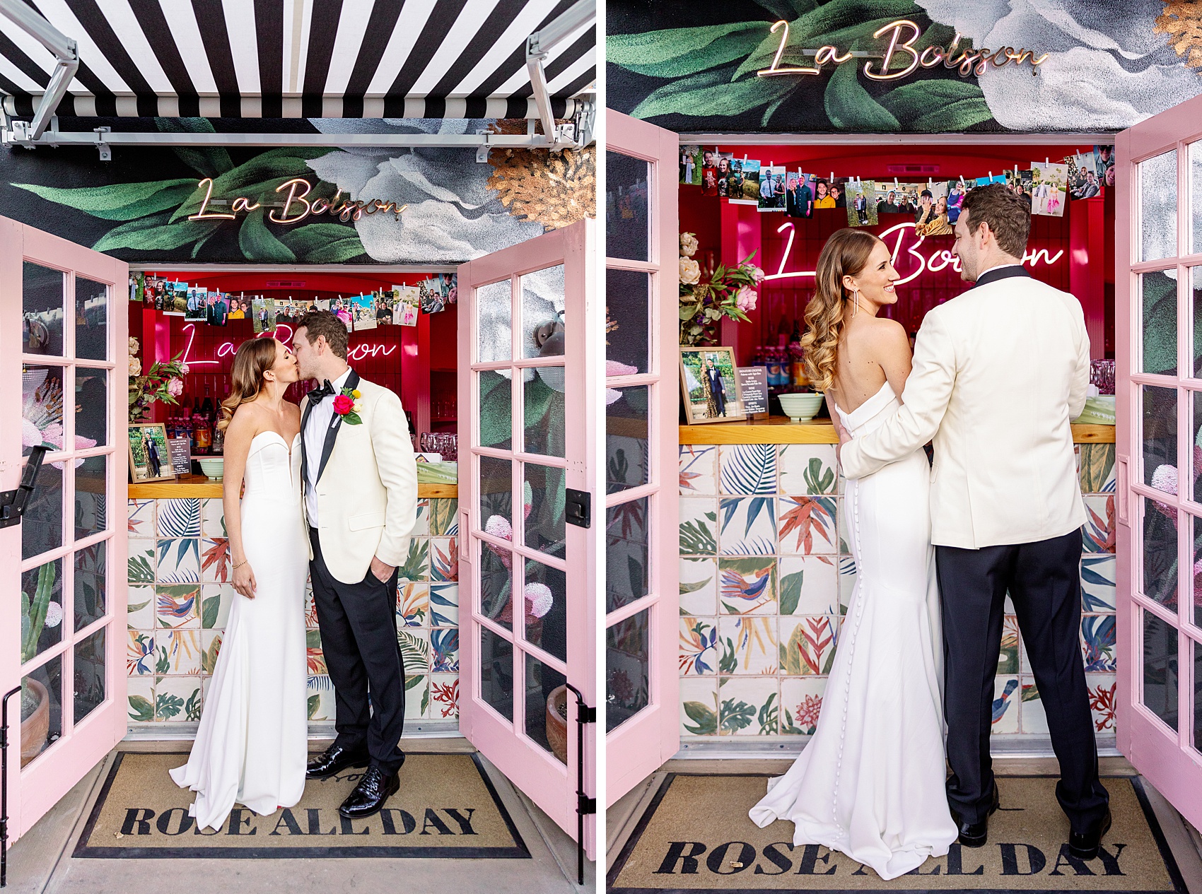 Newlyweds kiss and order drinks at the bar at Fleur Noire Hotel
