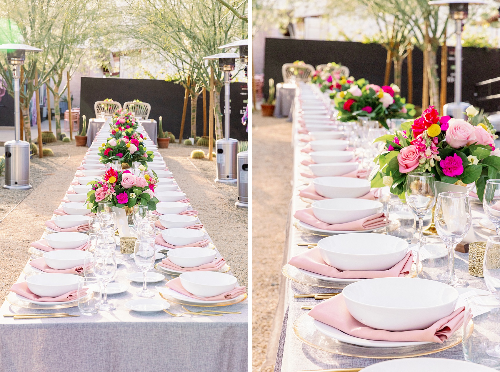 Details of long reception tables with vibrant pink flowers at Fleur Noire Hotel