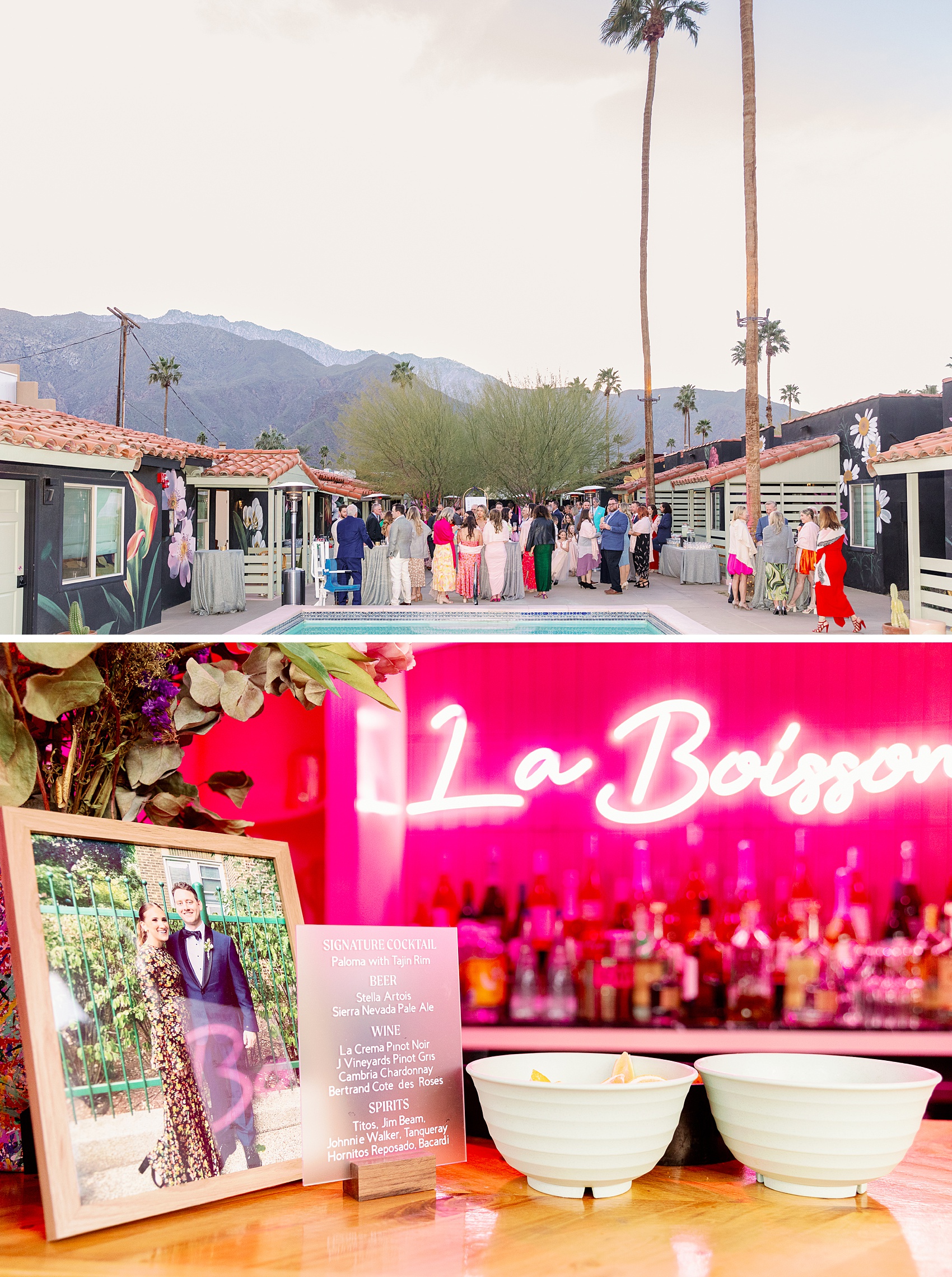 Details of a cocktail hour by the pool above snacks at the bar