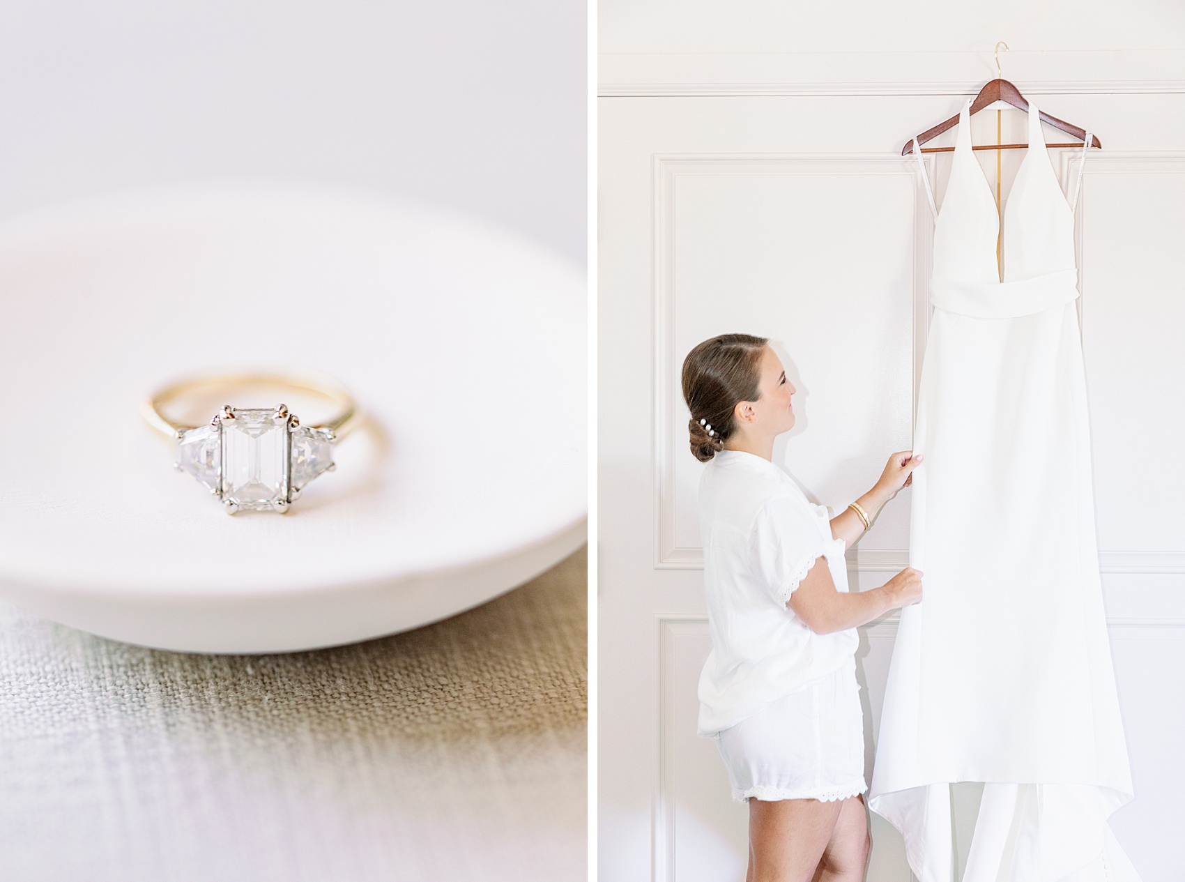 A bride admires her gown hanging over a door