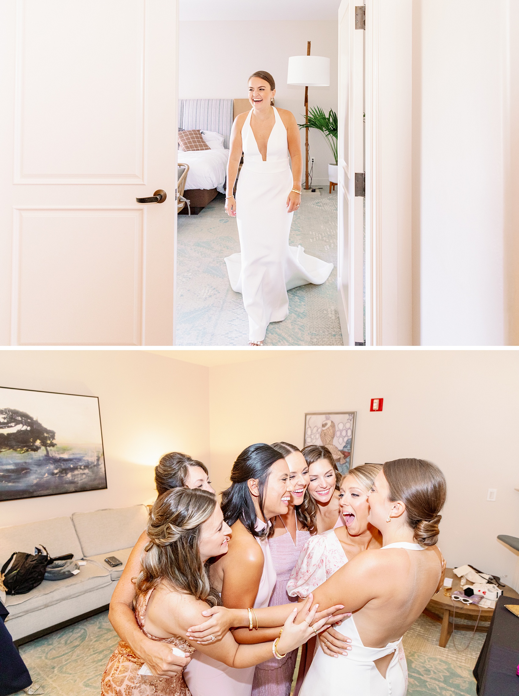 A happy bride hugs her bridesmaids during their first look at the lodge at sonoma wedding venue