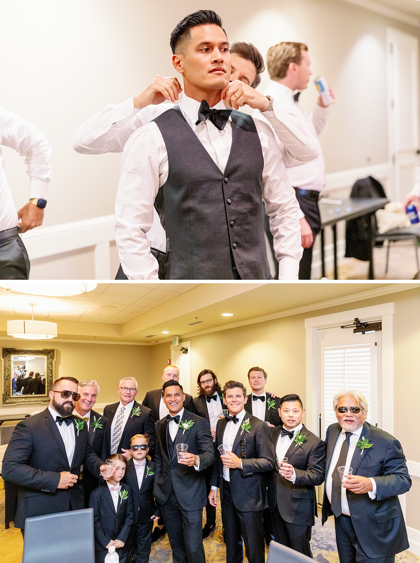 A groom gets help from groomsmen while getting ready