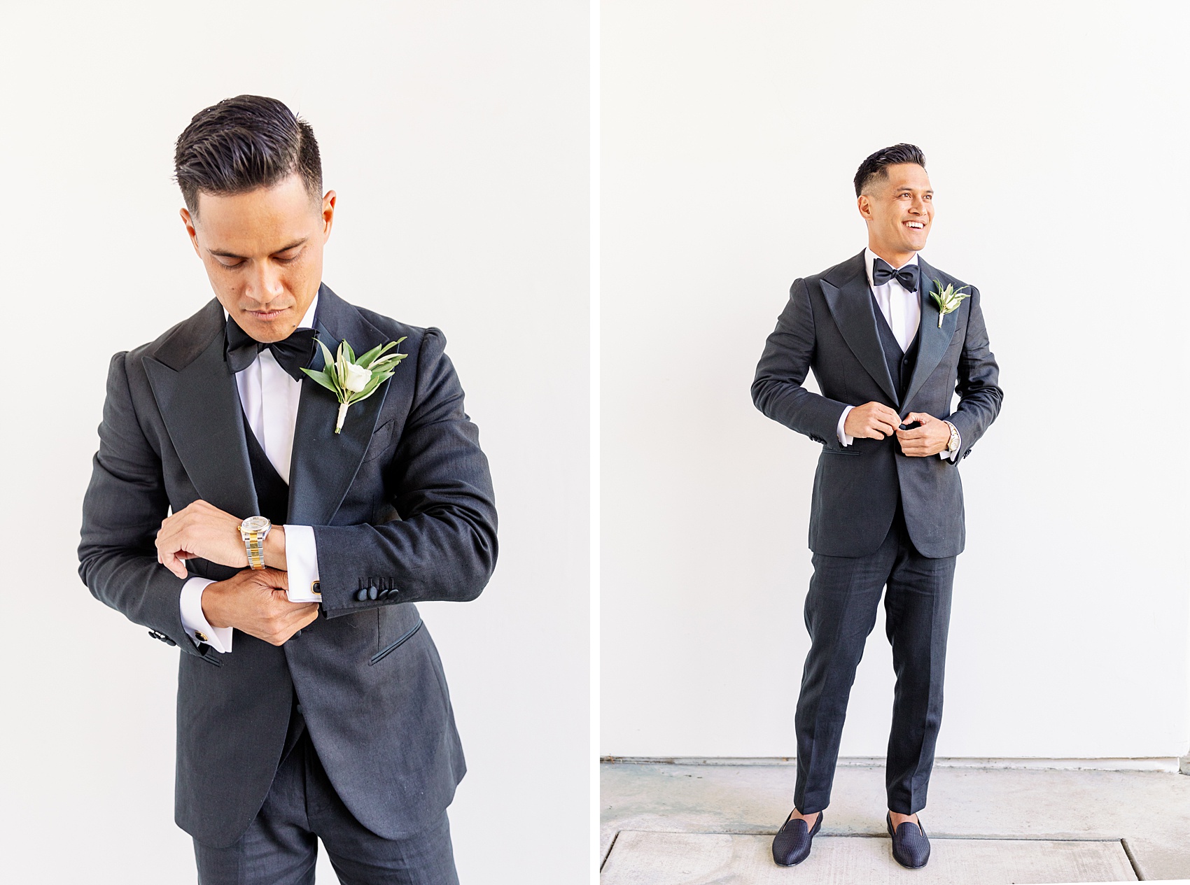 A groom adjusts his cuffs and tuxedo jacket while smiling
