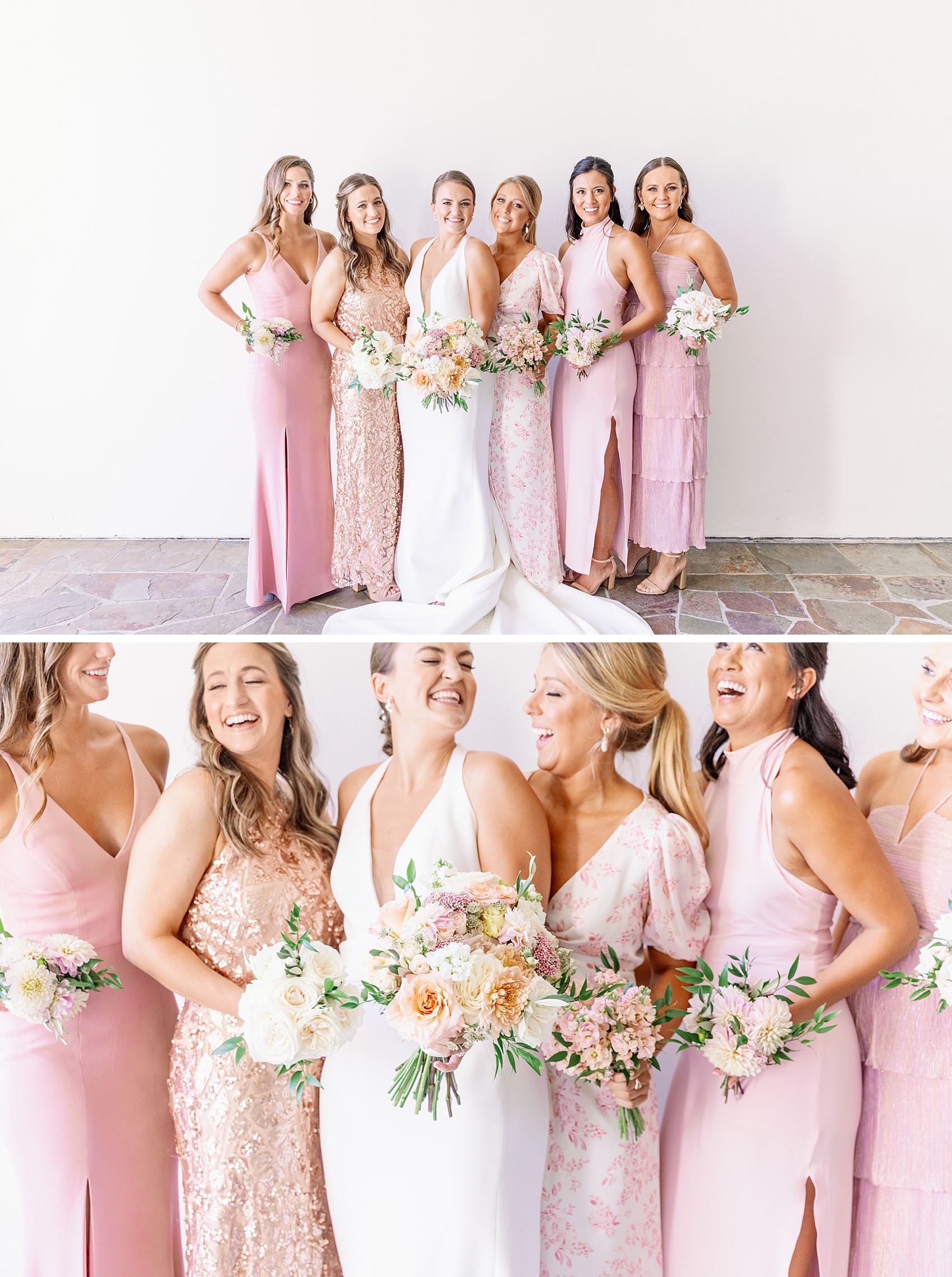A happy bride stands smiling and laughing with her bridesmaids in pink at the lodge at sonoma wedding venue