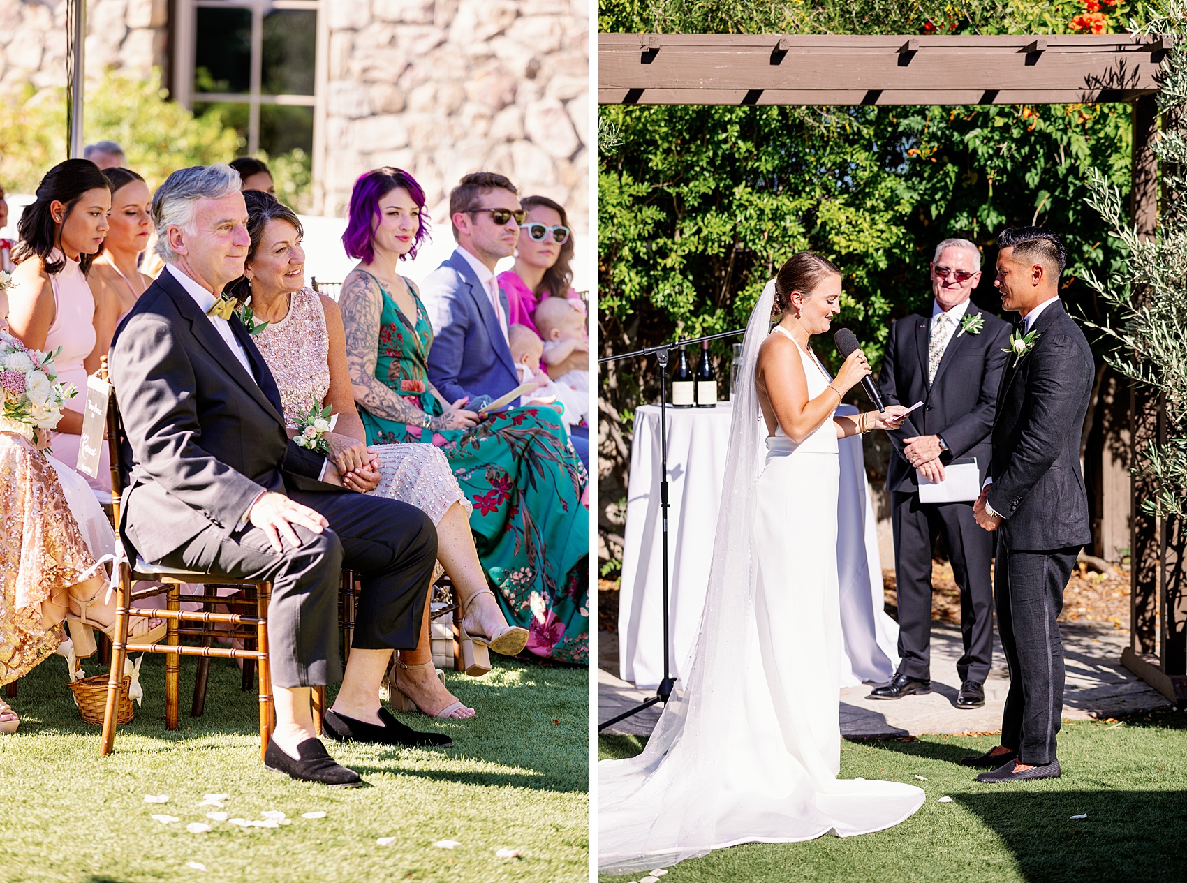 A bride reads her vows into a microphone as guests listen with smiles