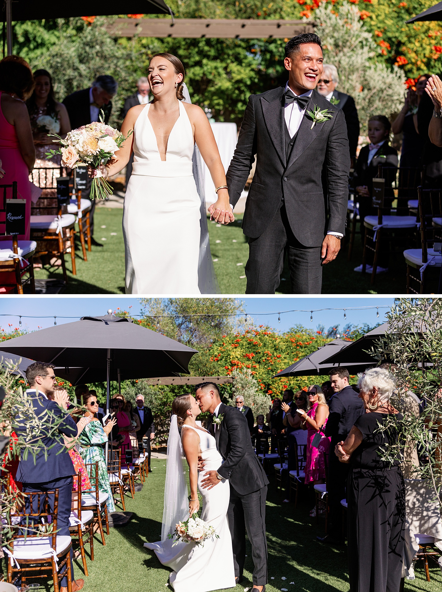 Newlyweds laugh and kiss while exiting up the aisle of their outdoor ceremony