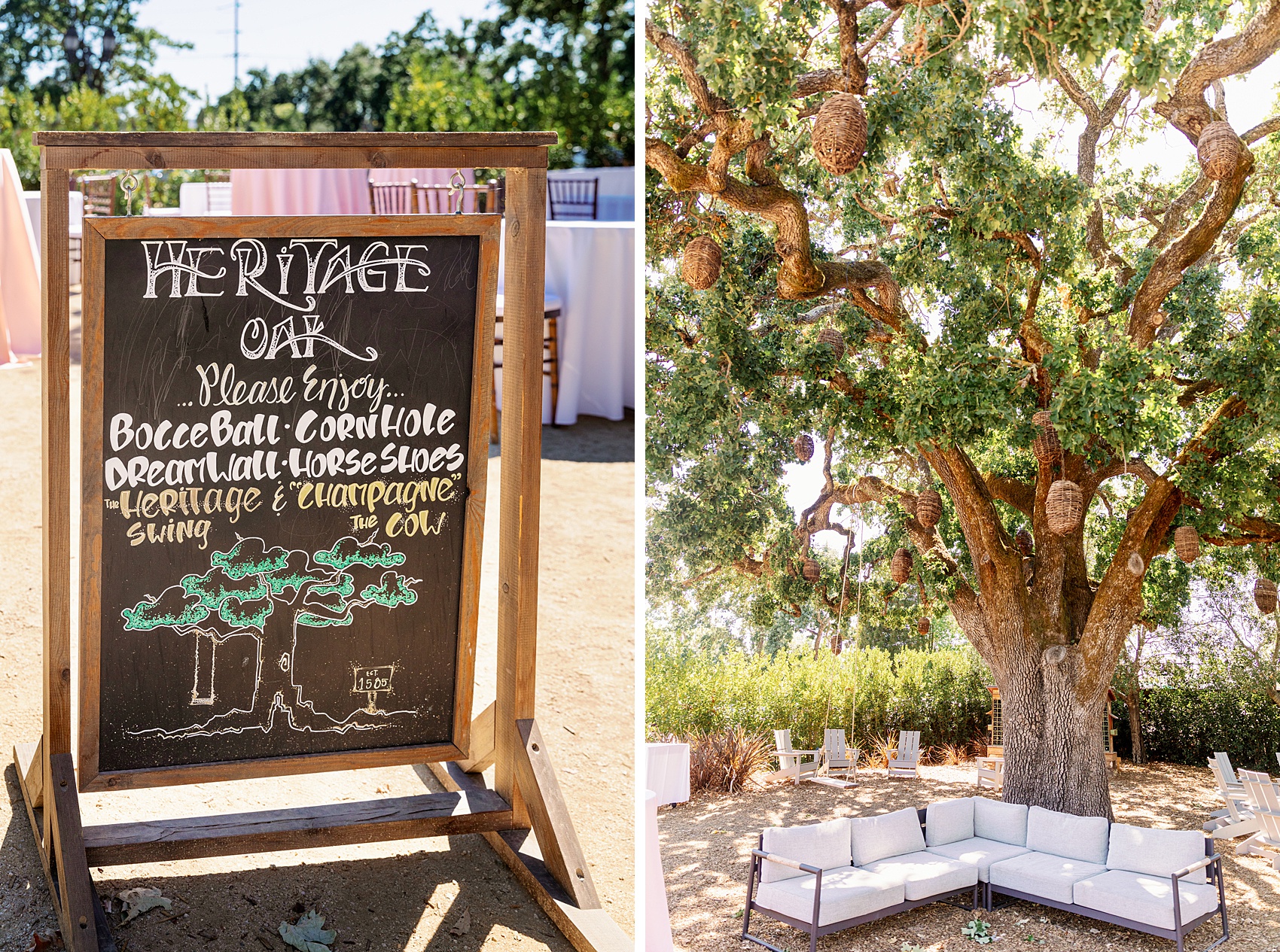 Details of a custom chalk sign and cocktail hour set up under a large tree