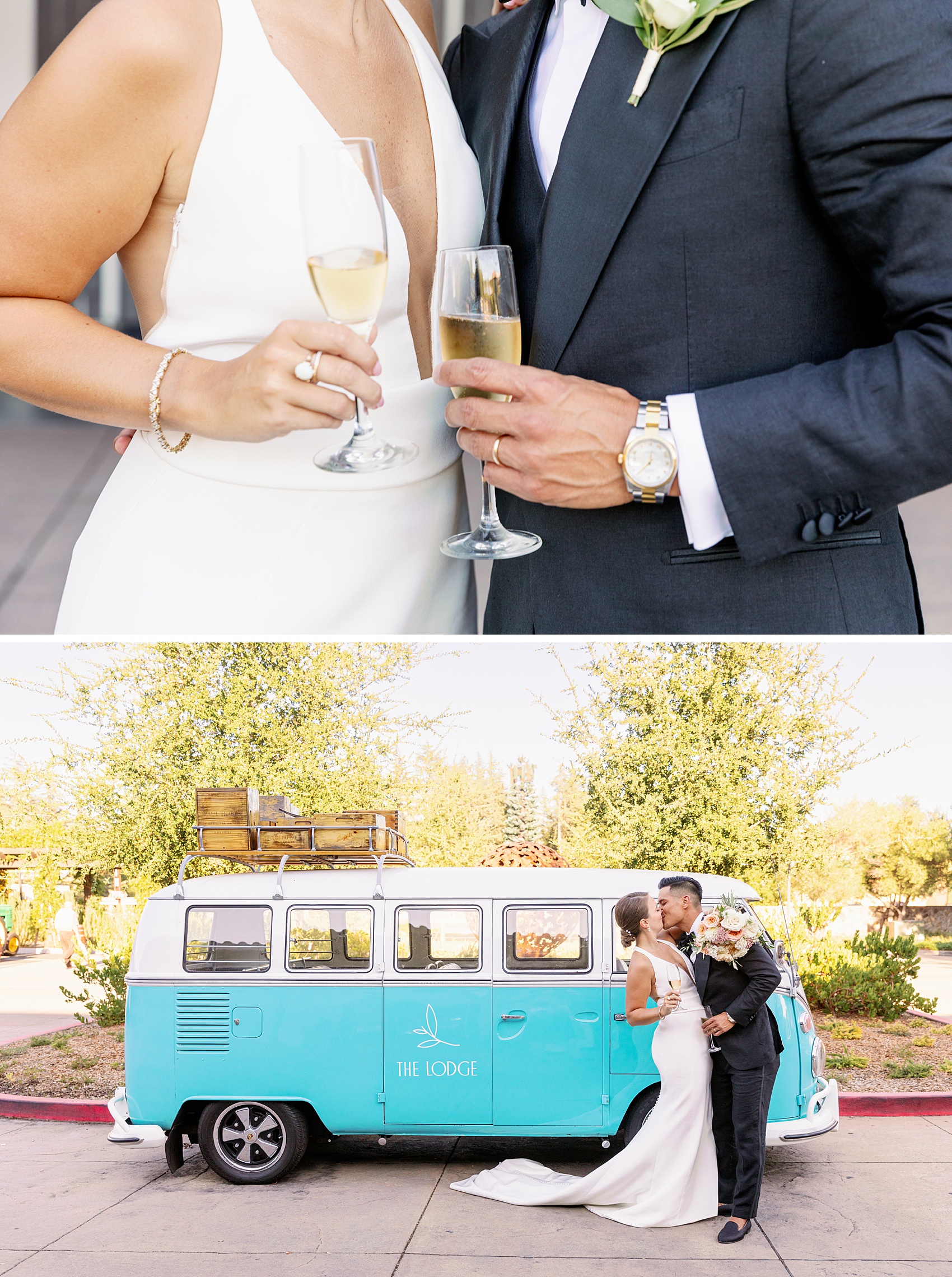 Newlyweds dip and kiss in front of a blue VW bus below details of their hands holding champagne