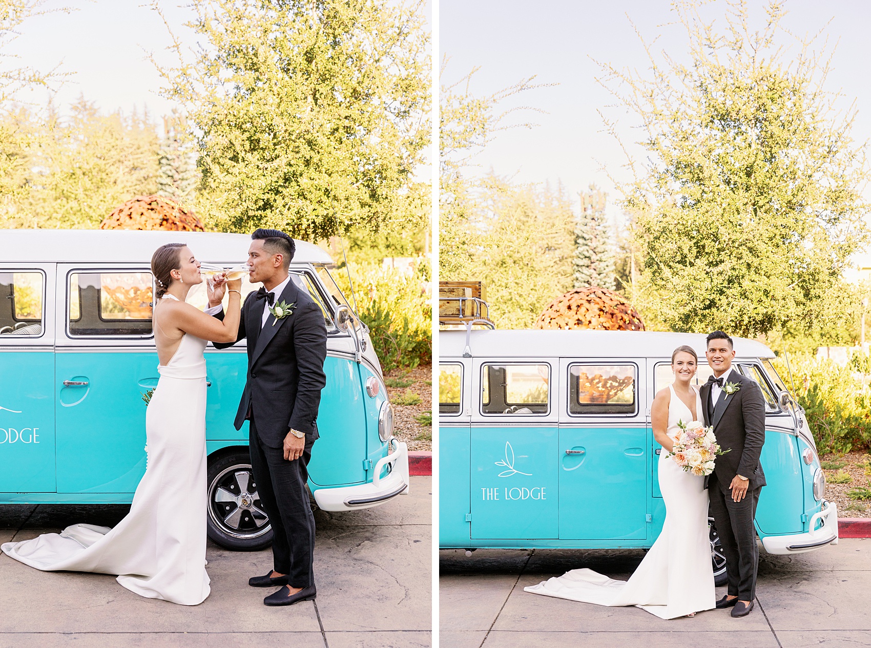 A bride and groom toast and smile together in front of a VW bus at the lodge at sonoma wedding venue