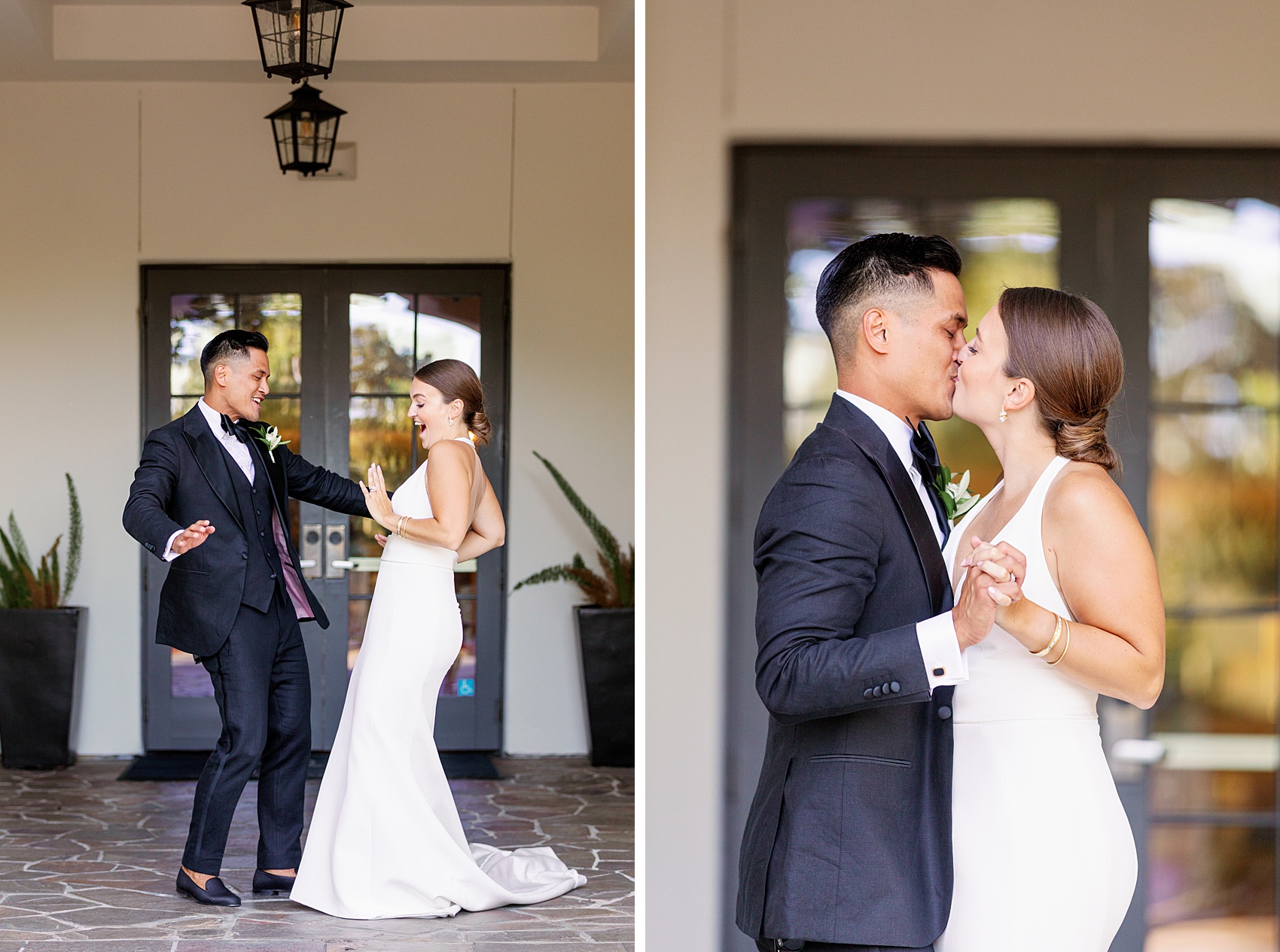 A bride and groom dance and kiss in a hallway entrance to the lodge at sonoma wedding venue