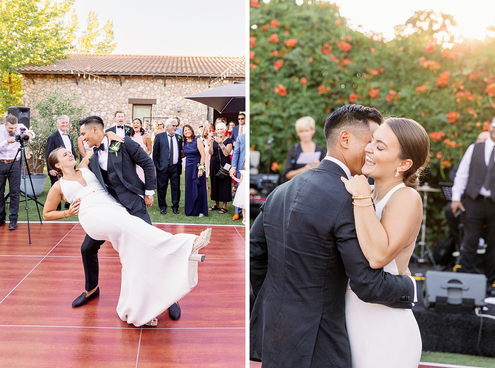 Newlyweds share a first dance on an outdoor wooden dance floor with big smiles and spins