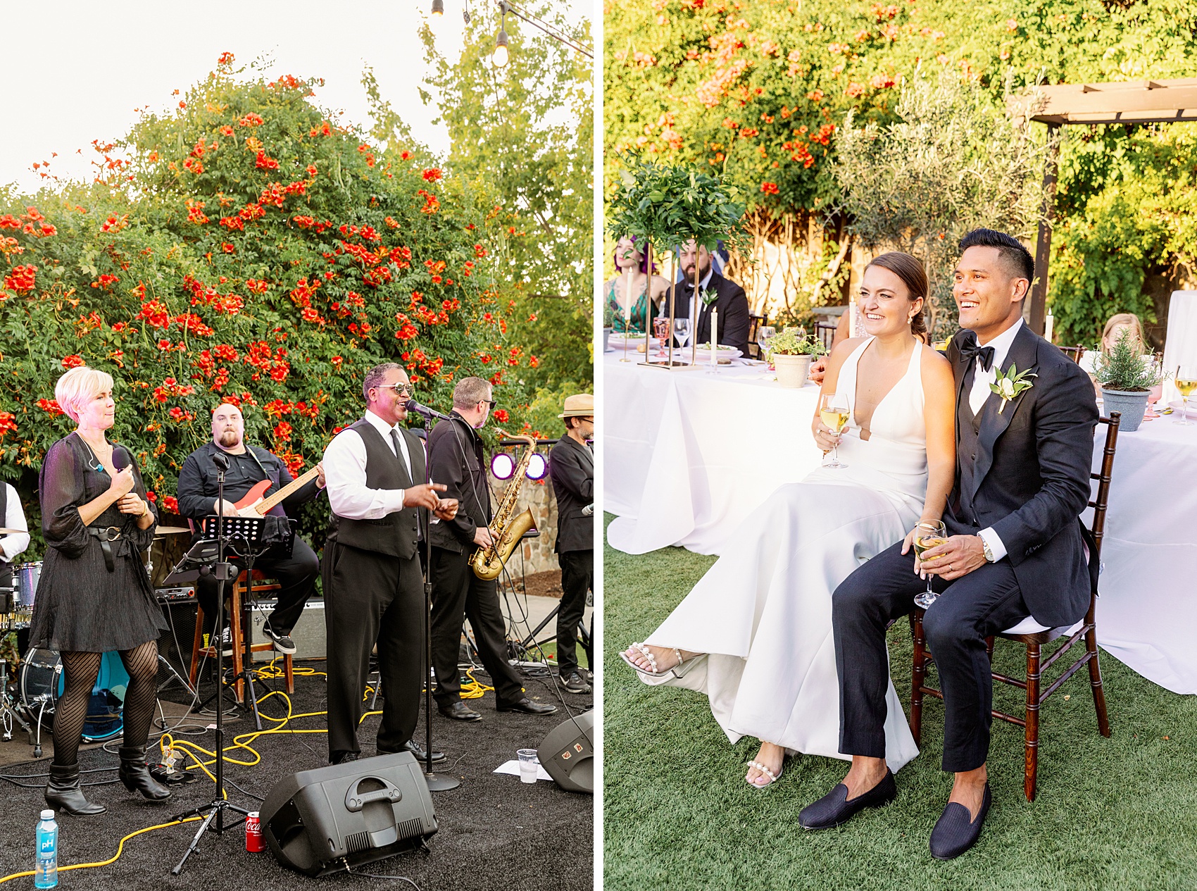 Newlyweds sit holding hands and wine while listening to their live band at an outdoor reception