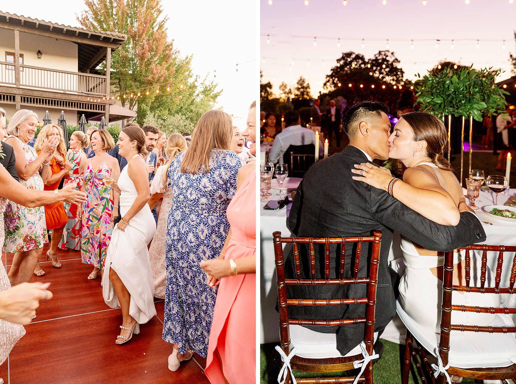 A bride dances with guests in colorful dresses next to her kissing her groom at their table during their reception at the lodge at sonoma wedding venue