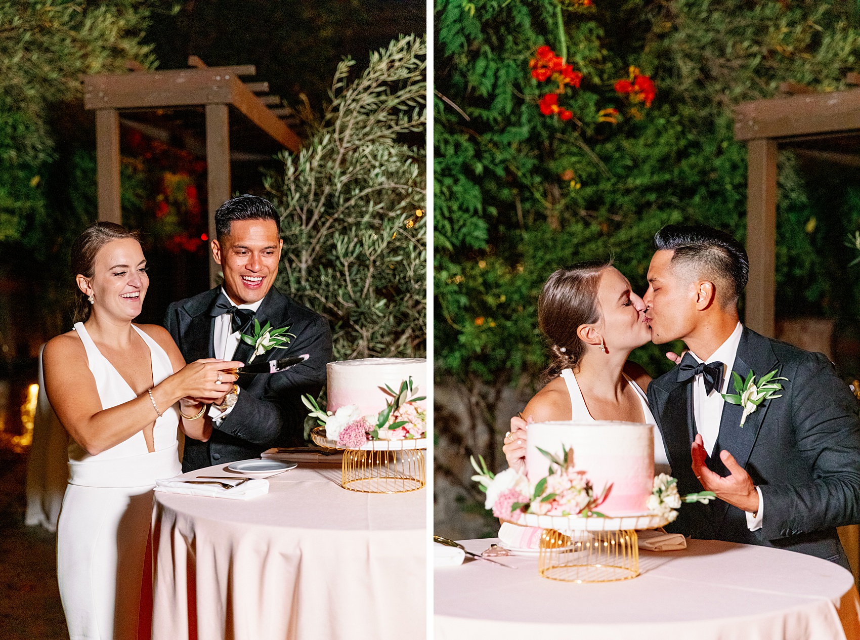 A bride and groom happily cut their one tier cake and then kiss