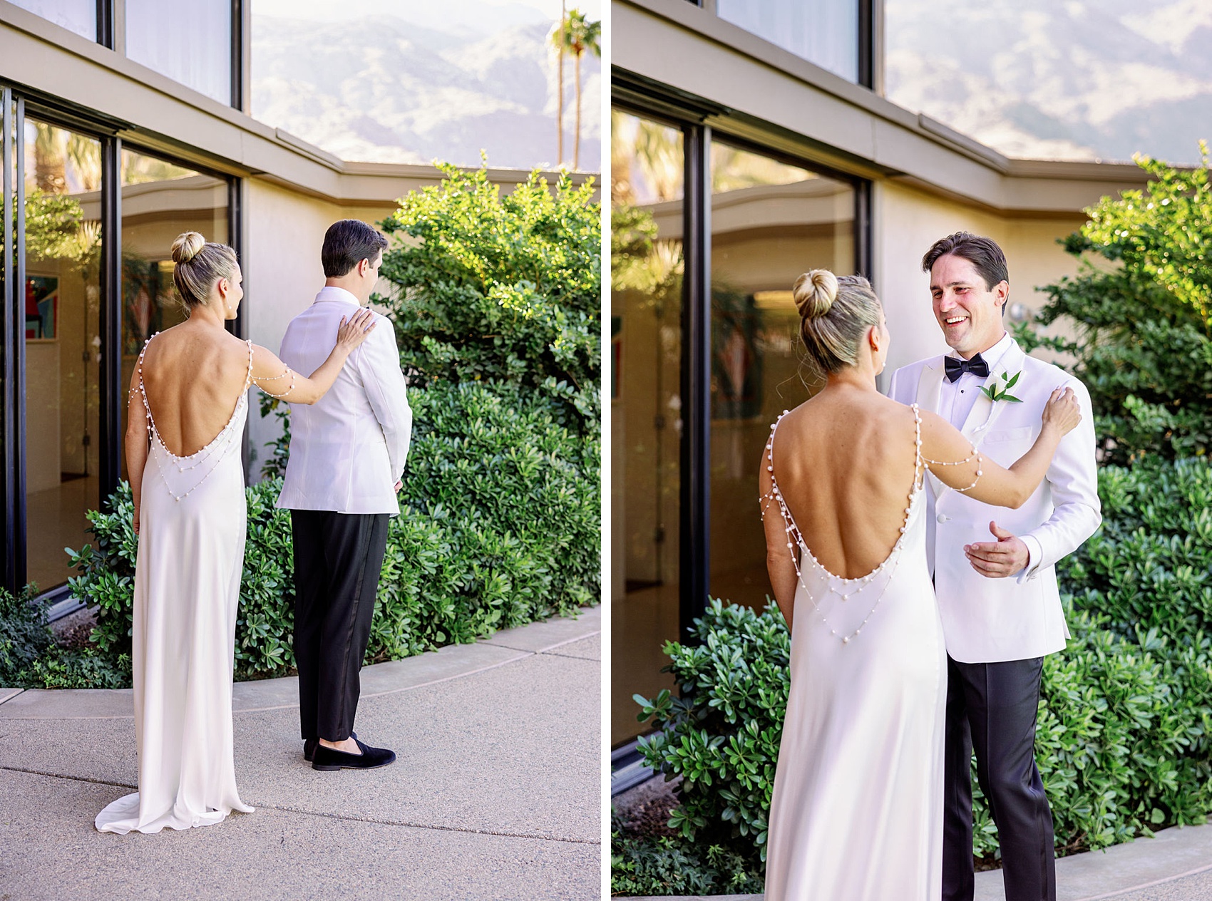 A bride taps her groom on the shoulder for their first look at the Frank Sinatra Estate wedding venue next to him smiling seeing her