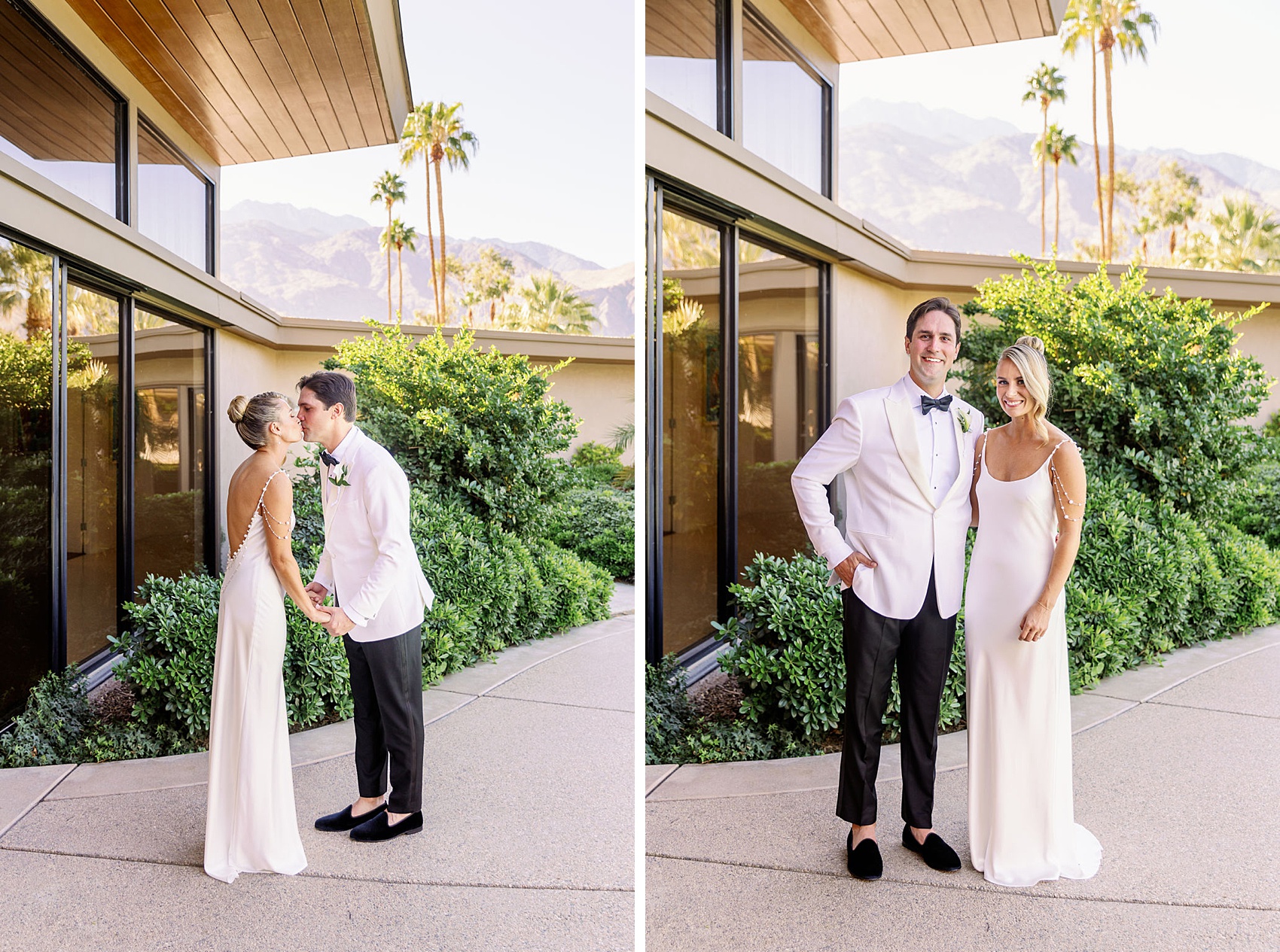 Newlyweds kiss and stand smiling in the patio of the Frank Sinatra Estate wedding venue
