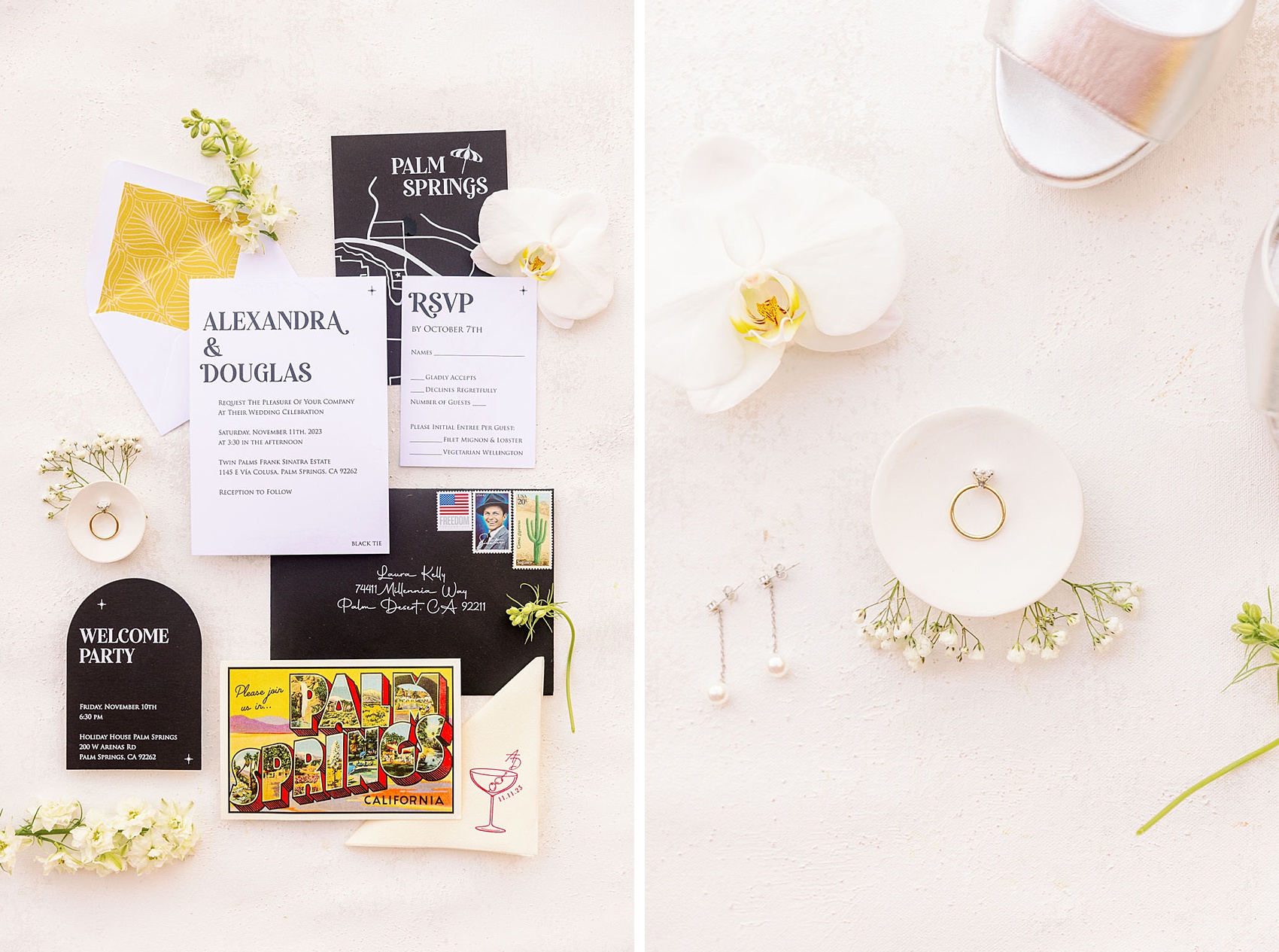 Bridal details and invitations on white