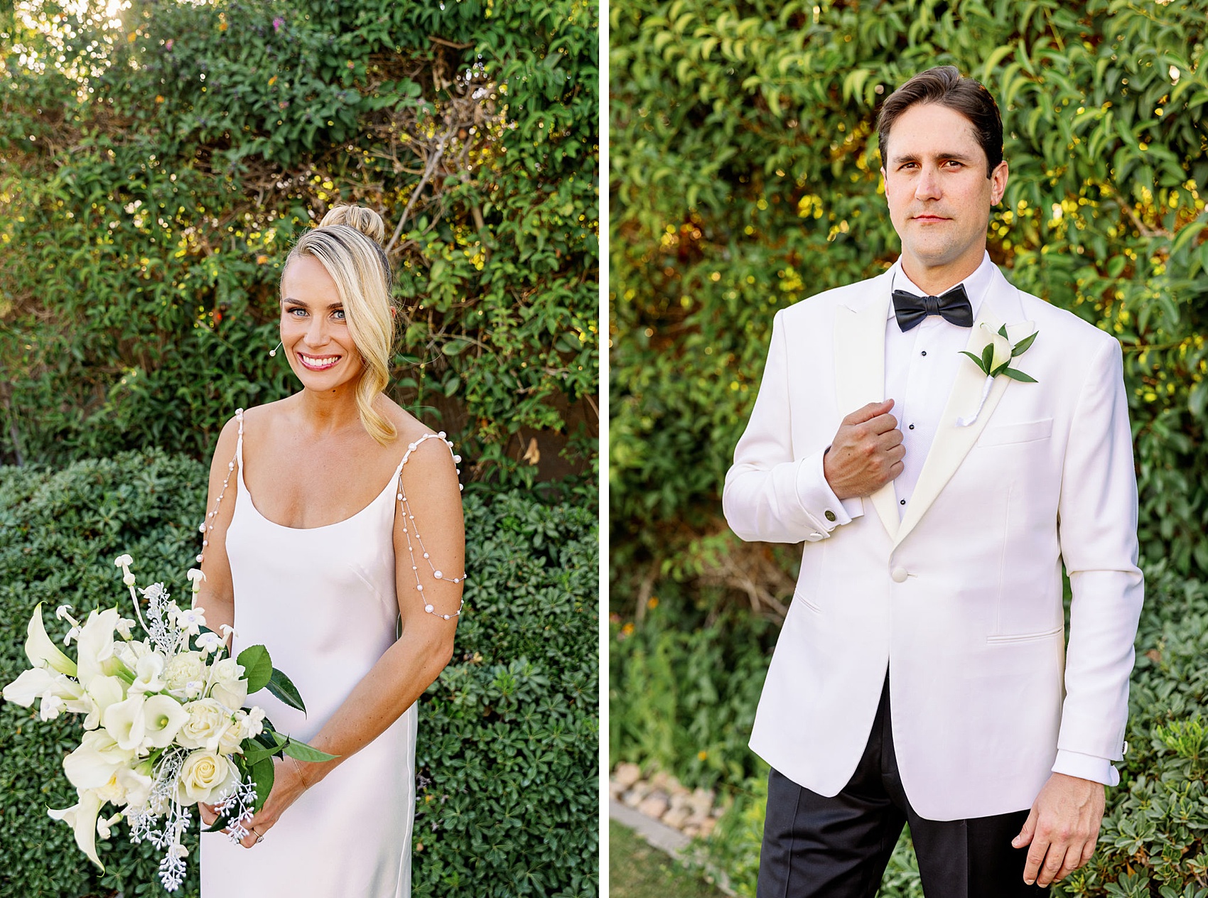 Newlyweds stand in the gardens smiling and holding a white lapel during their Frank Sinatra Estate wedding
